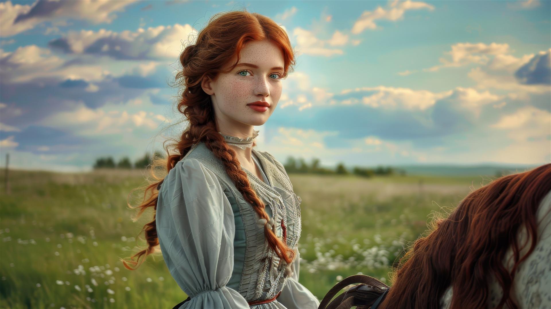 Redhead girl in 1880 dress on piebald horse in green meadow, styled like John Singer Sargent.