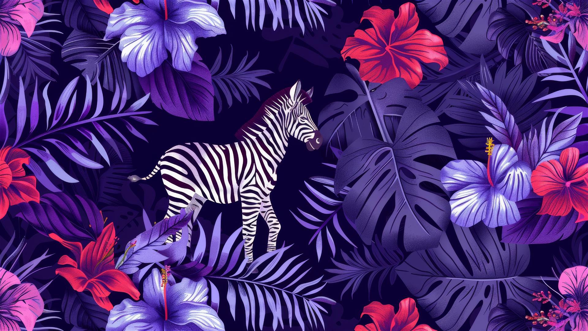 Malika Favre-inspired pattern with zebras, few palm leaves, and flowers in purple and dark blue.