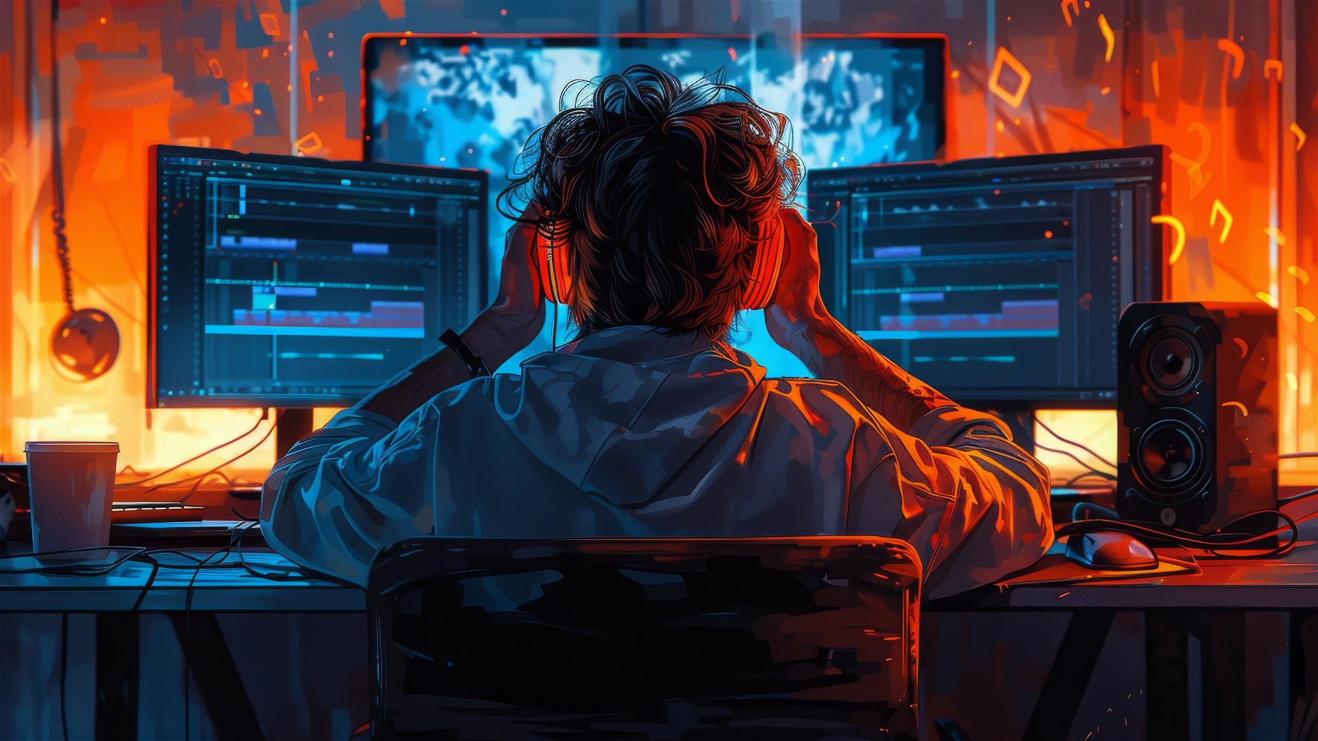 Animated game-style image of a man editing with 3 monitors, feeling restless, in a room with cool tones and warm lights.