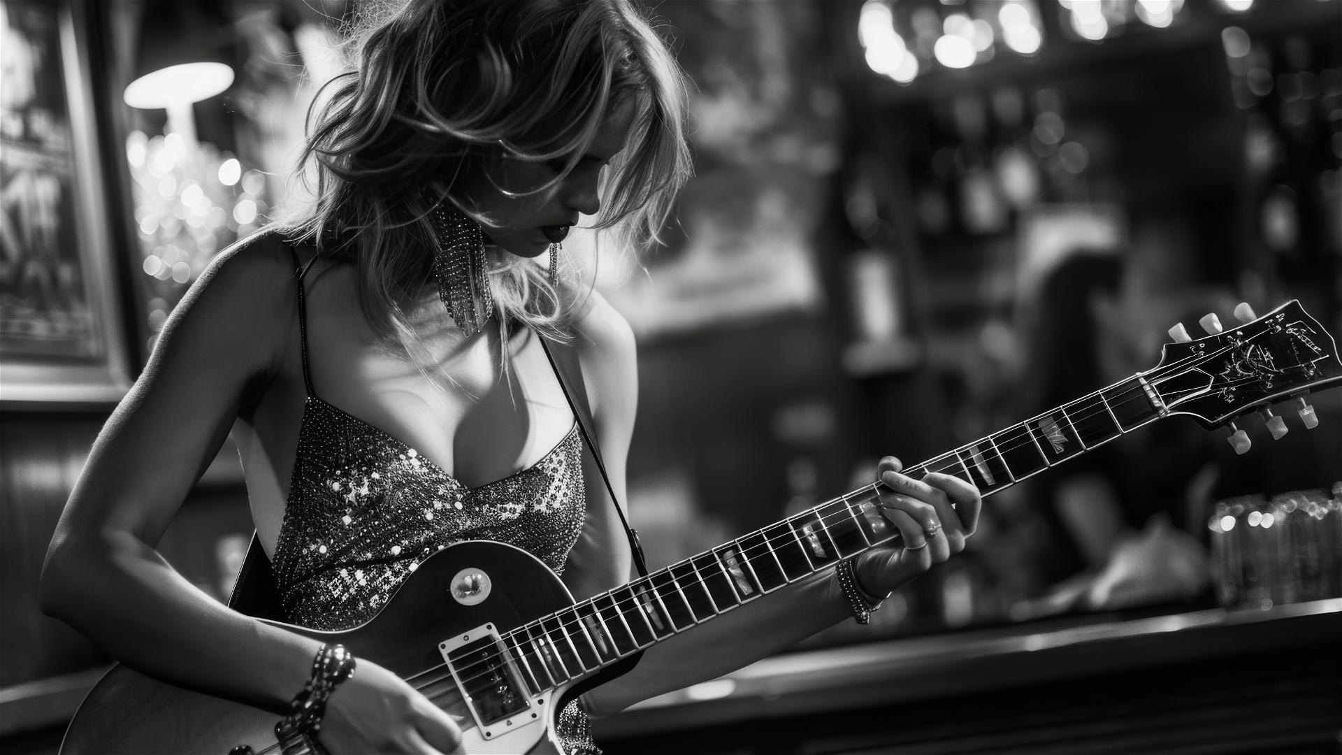 Black and white photo of woman in rock dress with jazz guitarist on bar stage