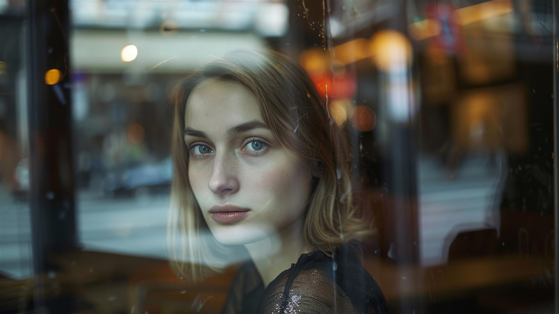 French girl in sequin dress at cafe, passerby reflection, Vivian Maier style, 2023.
