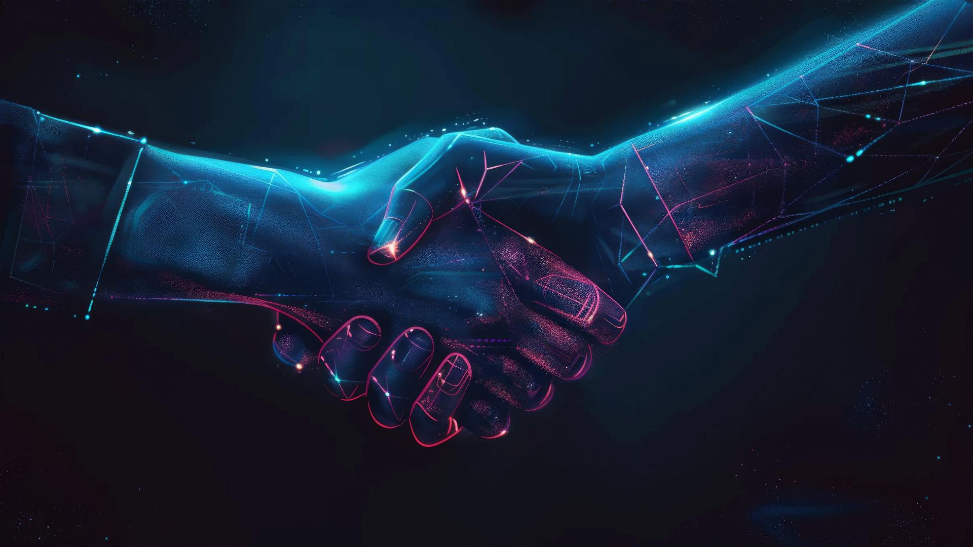 3D-rendered futuristic handshake with glowing elements in black and blue.