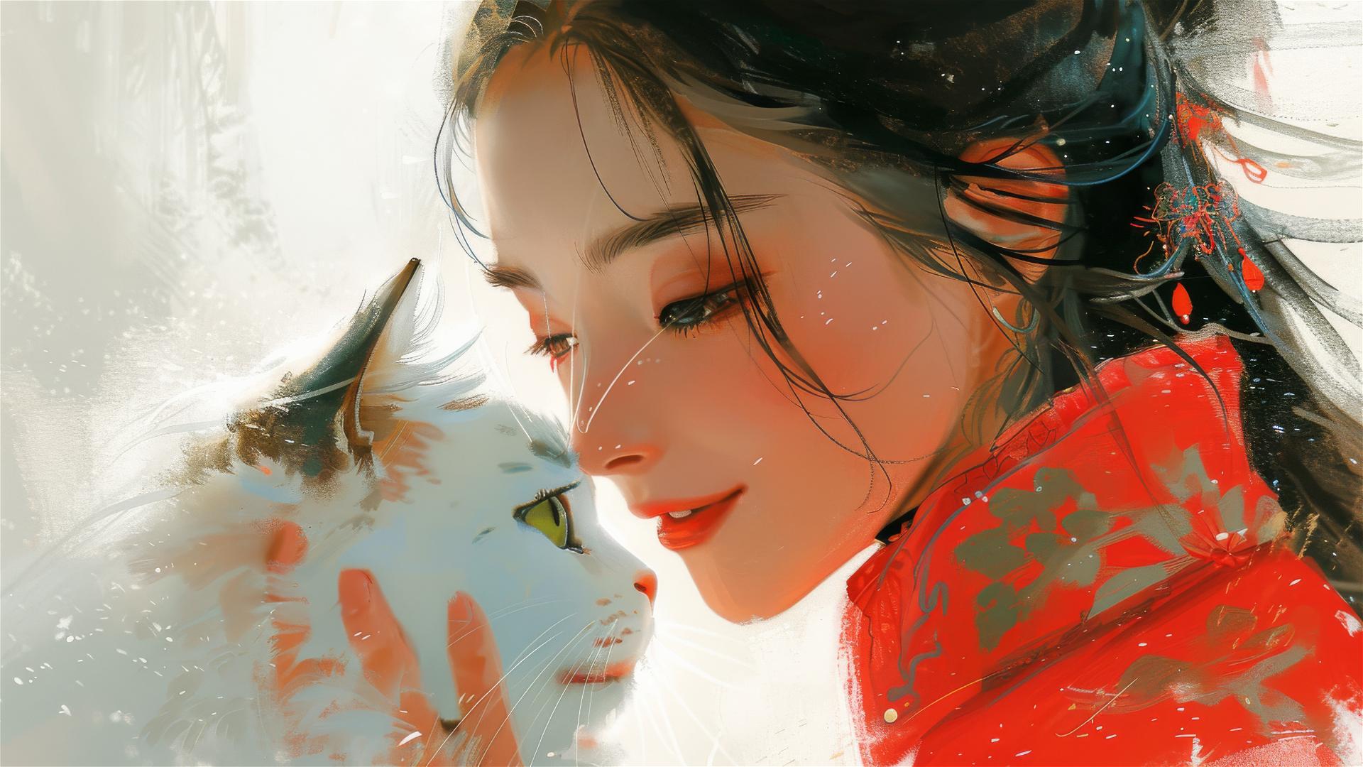 Chinese woman in Hanfu with white cat in a misty, fantasy setting.