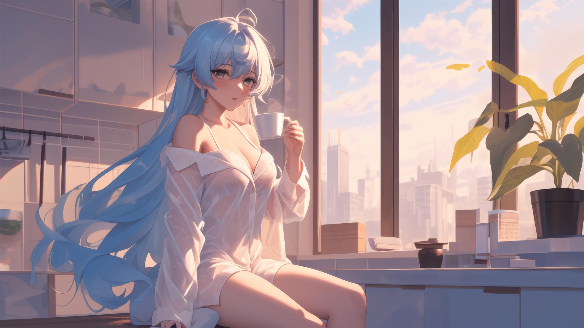 Esdeath in white silk pajamas with coffee at sunrise.