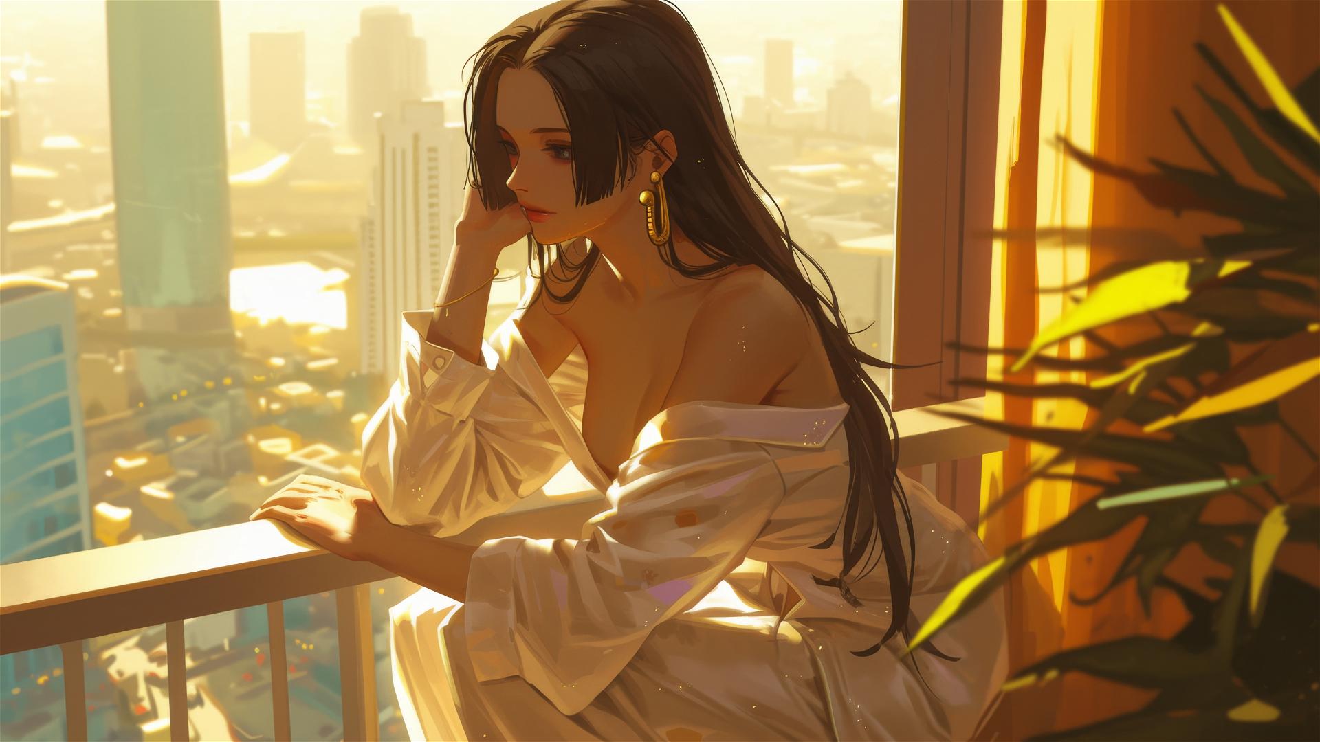 Boa Hancock in white silk pajamas overlooking city sunrise