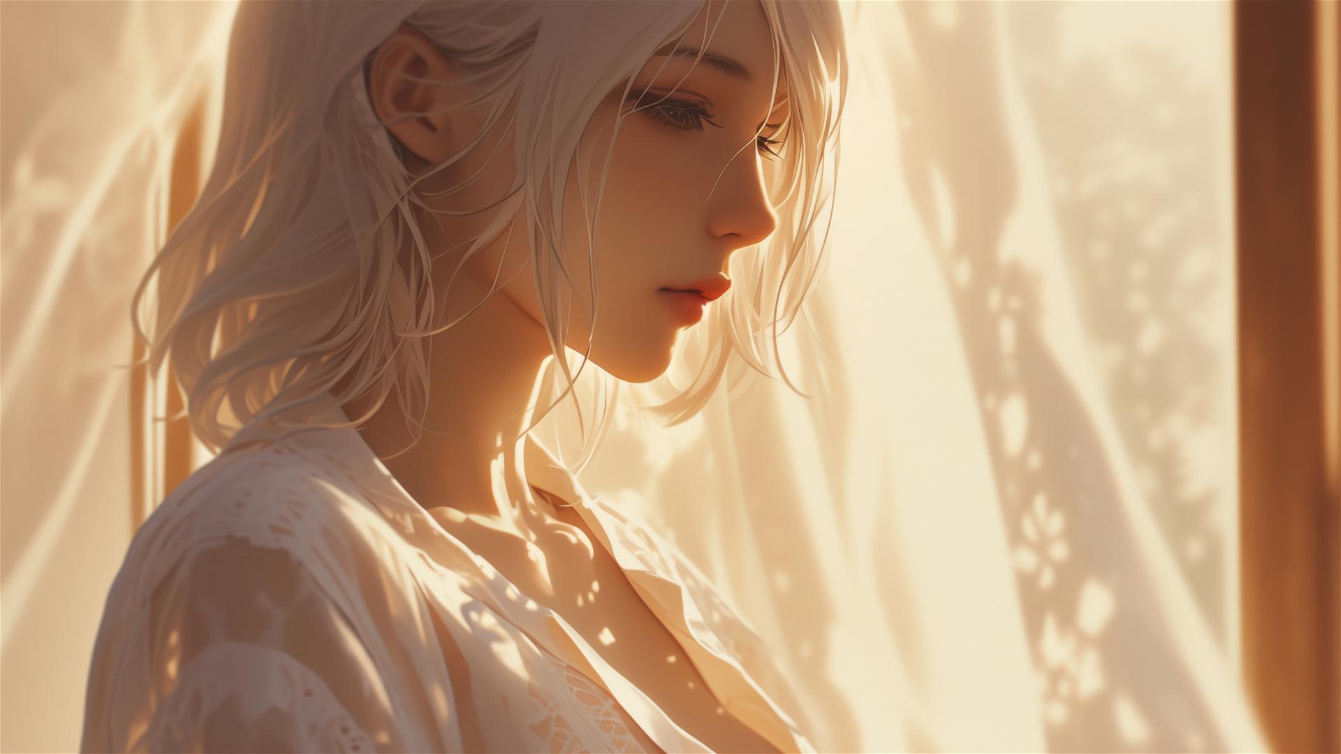 2B from Nier in white silk pajamas by a window at sunrise.