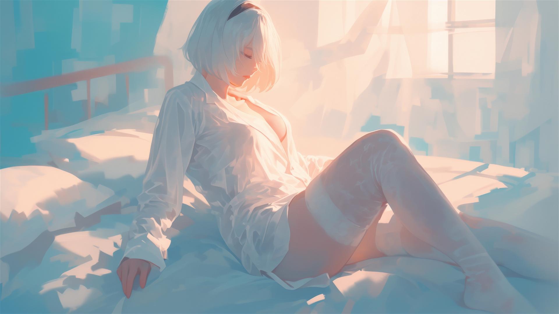 2B from Nier in white silk pajamas, basking in sunrise glow.