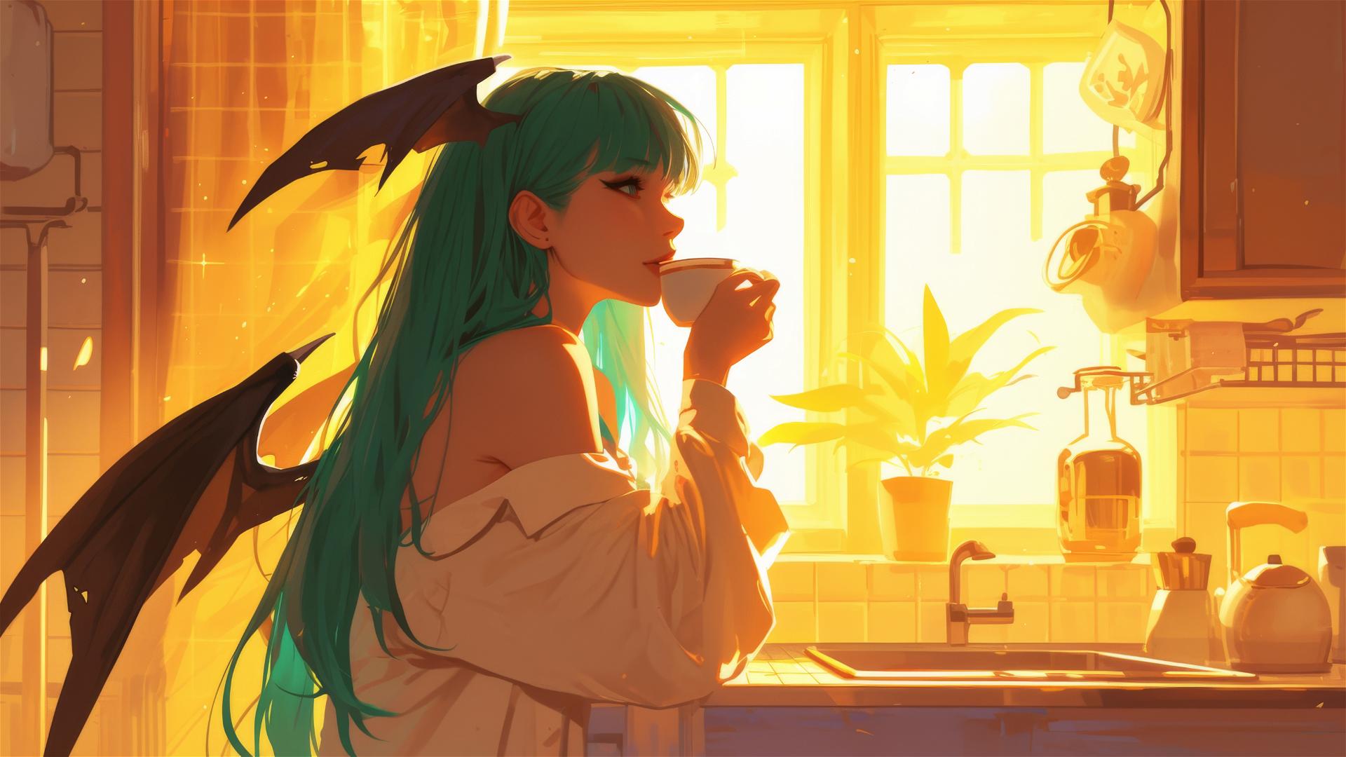 Morrigan Aensland in white pajamas with coffee at sunrise.