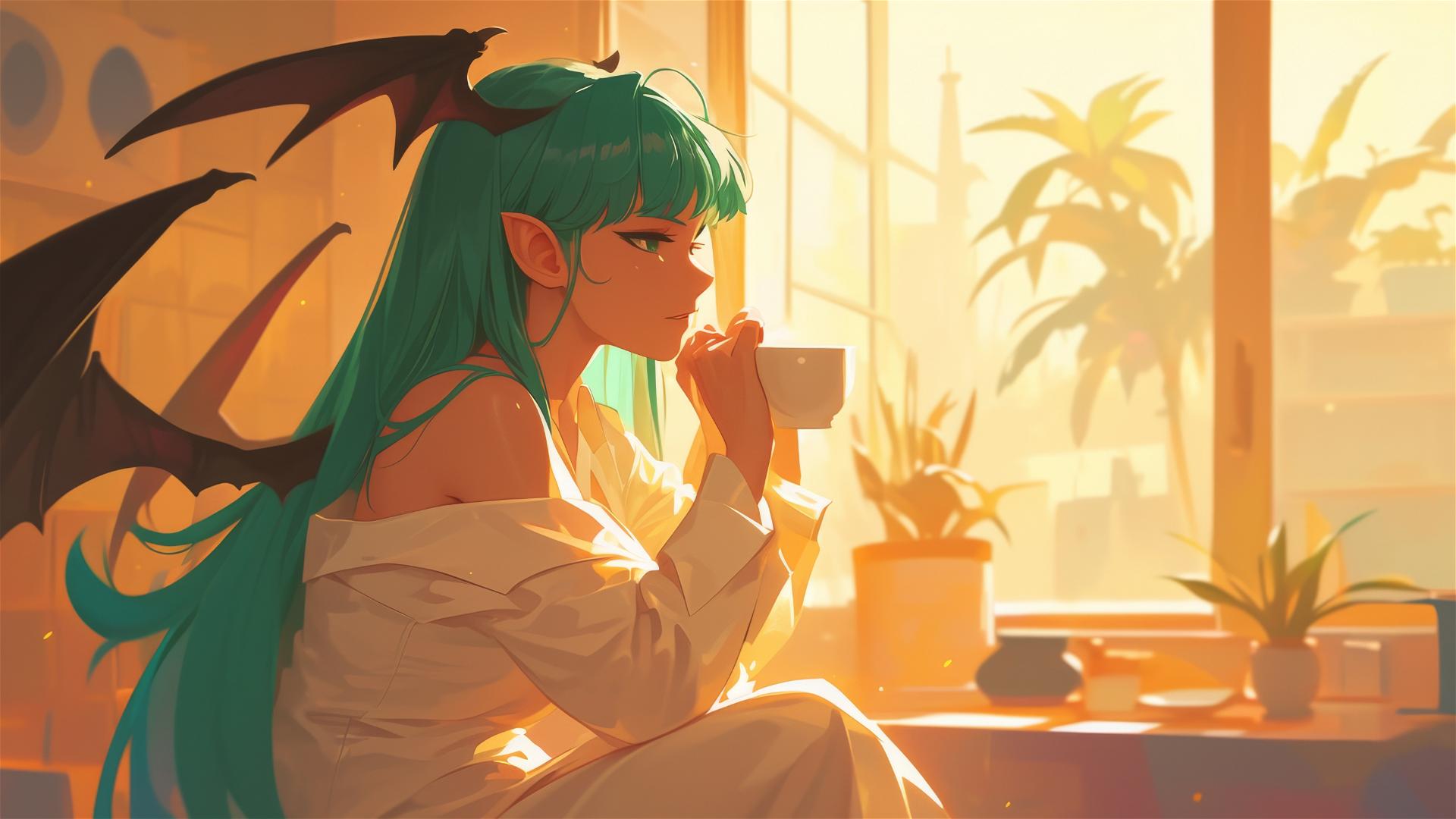 Morrigan Aensland in white pajamas with coffee at sunrise.