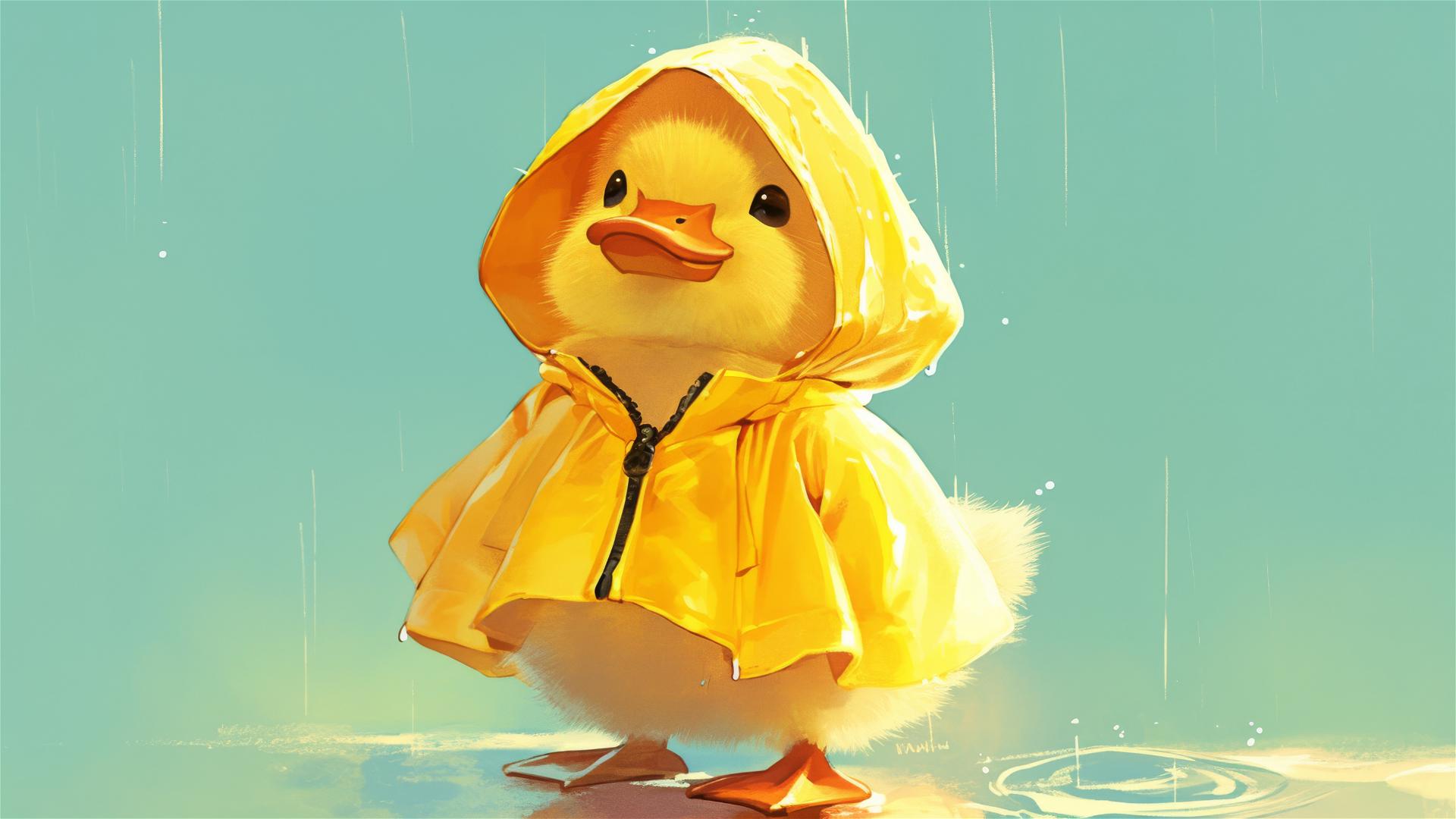Photorealistic baby duck in yellow raincoat, film style