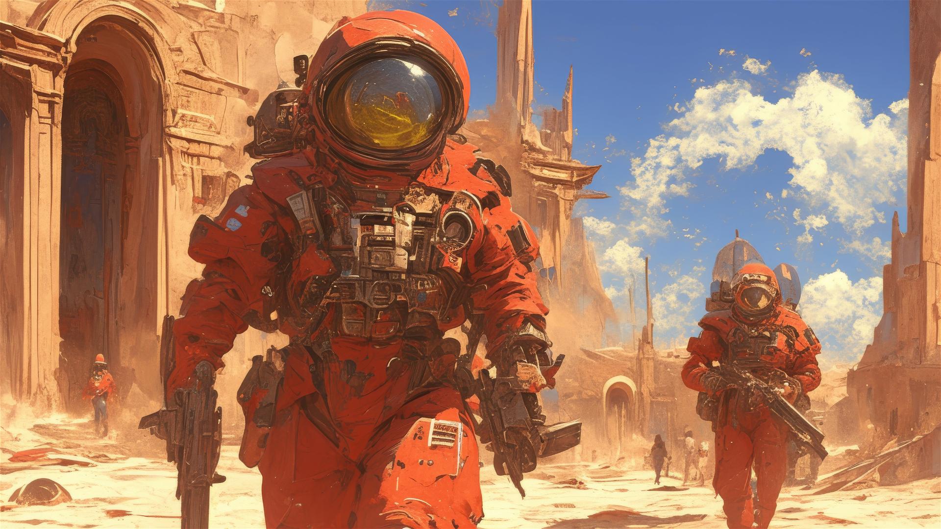 Sci-fi comic cover of astronaut couple in desert with ruins