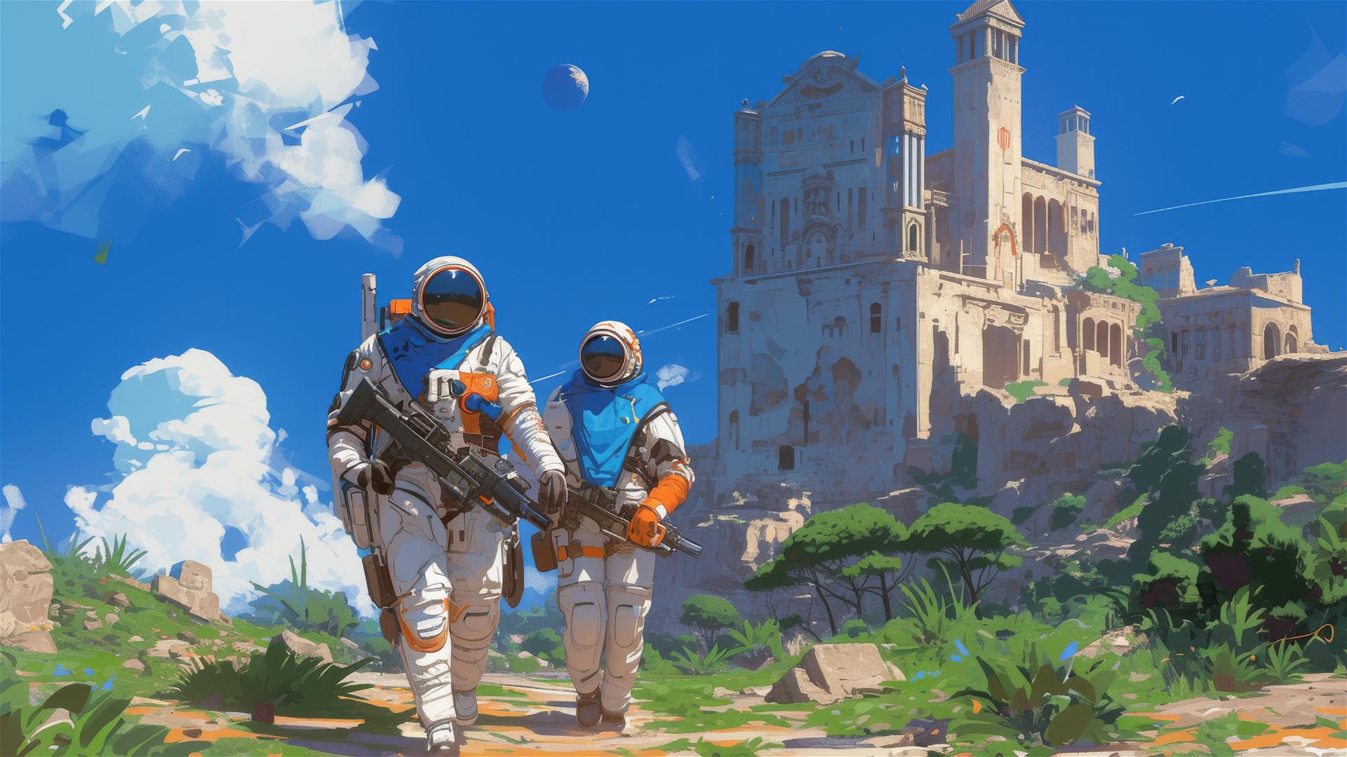 Sci-fi comic cover of astronaut couple in desert with ruins