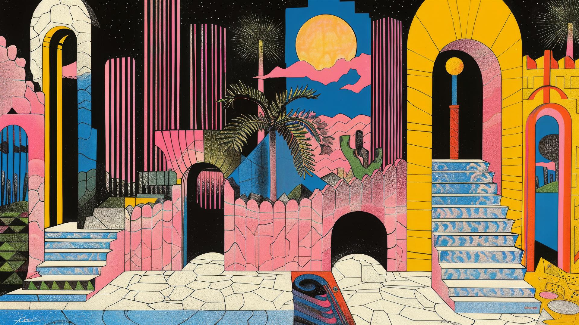 Surreal sci-fi pinball scene with Escher, Lichtenstein, and Jodorowsky influences.