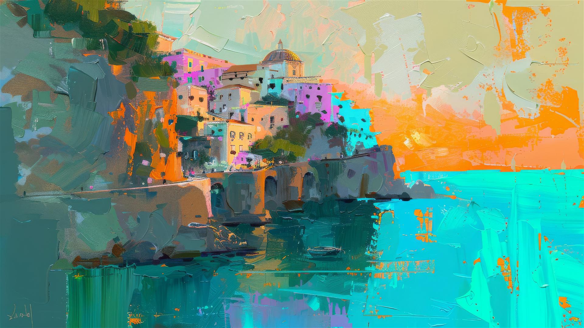 Abstract oil painting of the Amalfi Coast in neon colors with gold accents