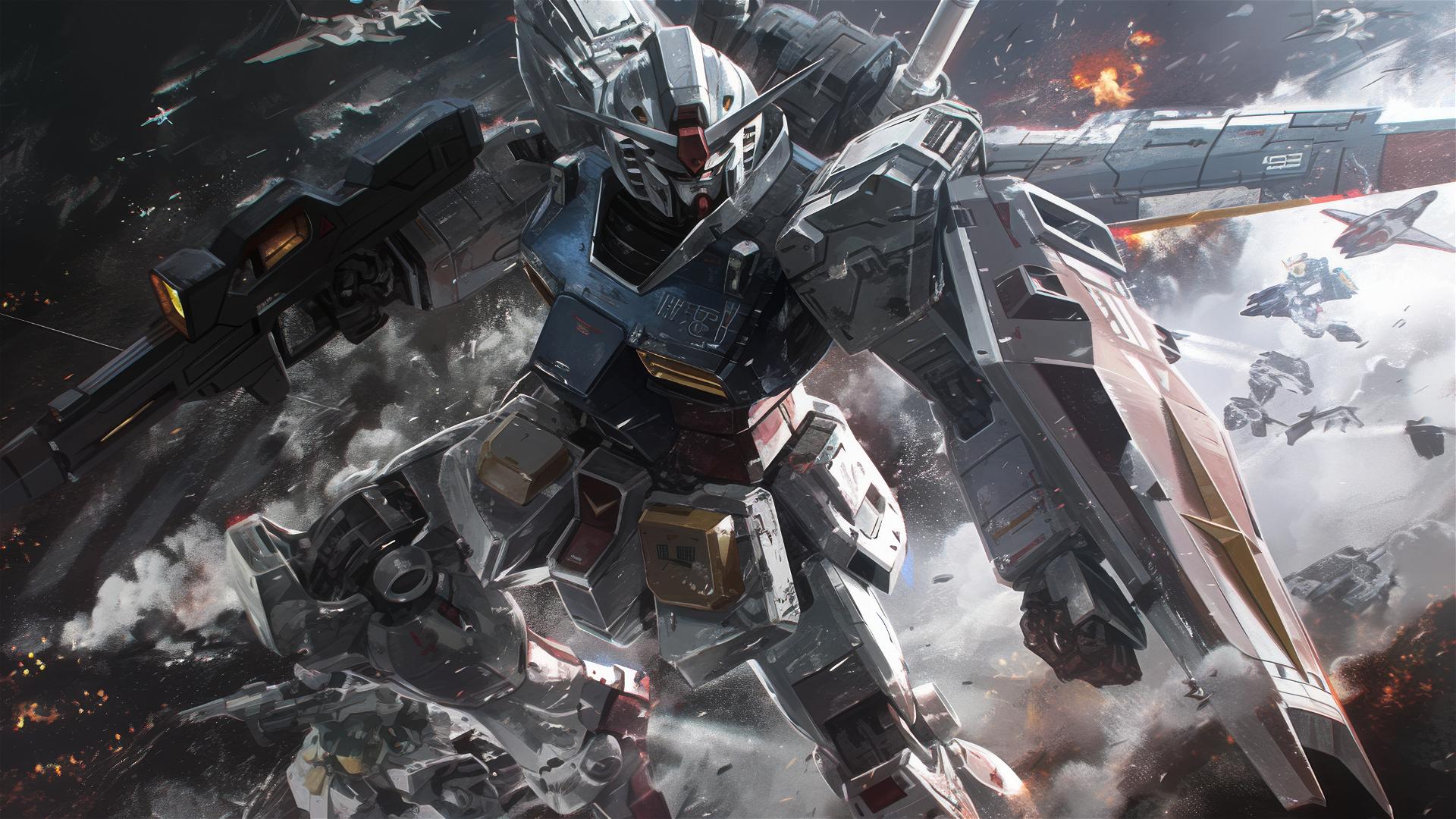 Gundam mobile suit soaring cinematically in Roger Deakins style