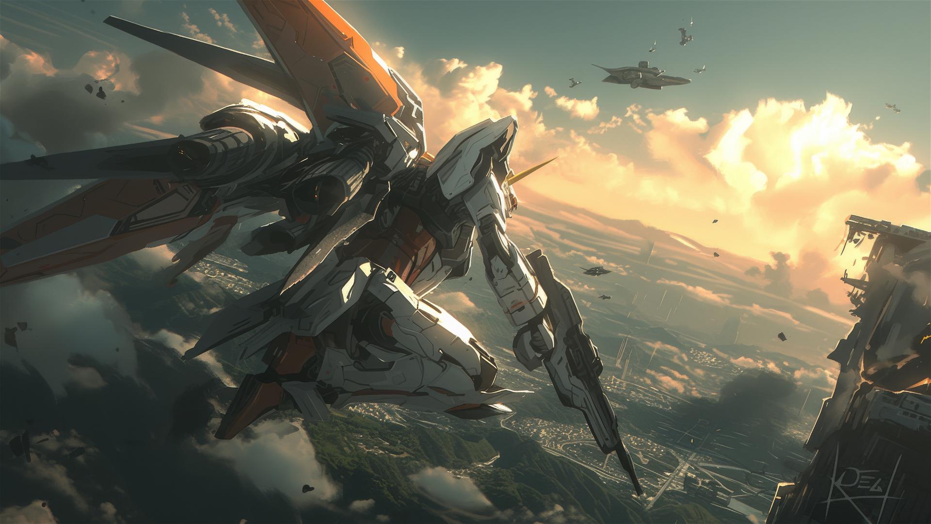 Mobile suit Gundam flying in a Deakins cinematic style