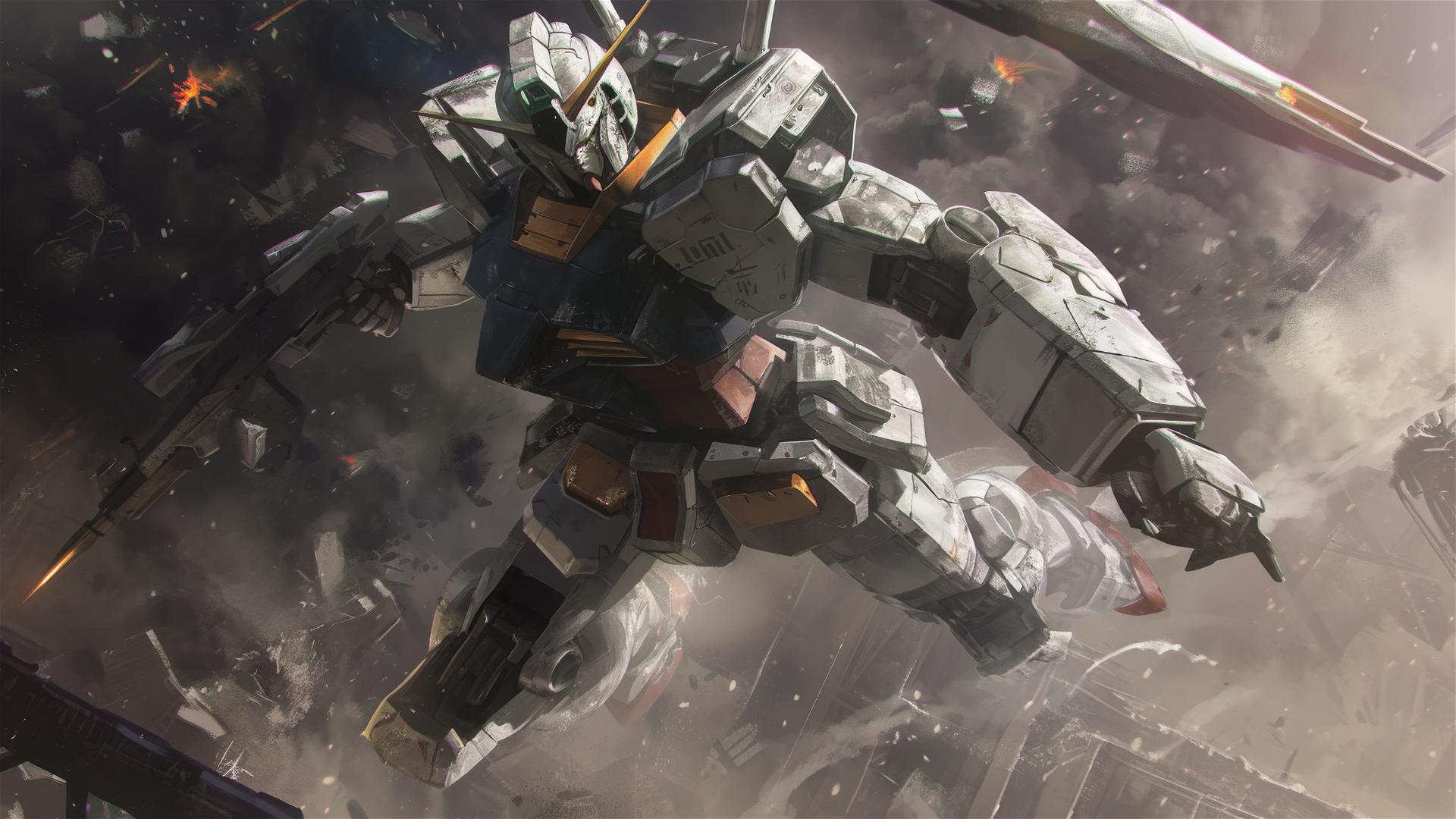 Gundam mobile suit soaring cinematically, Roger Deakins style