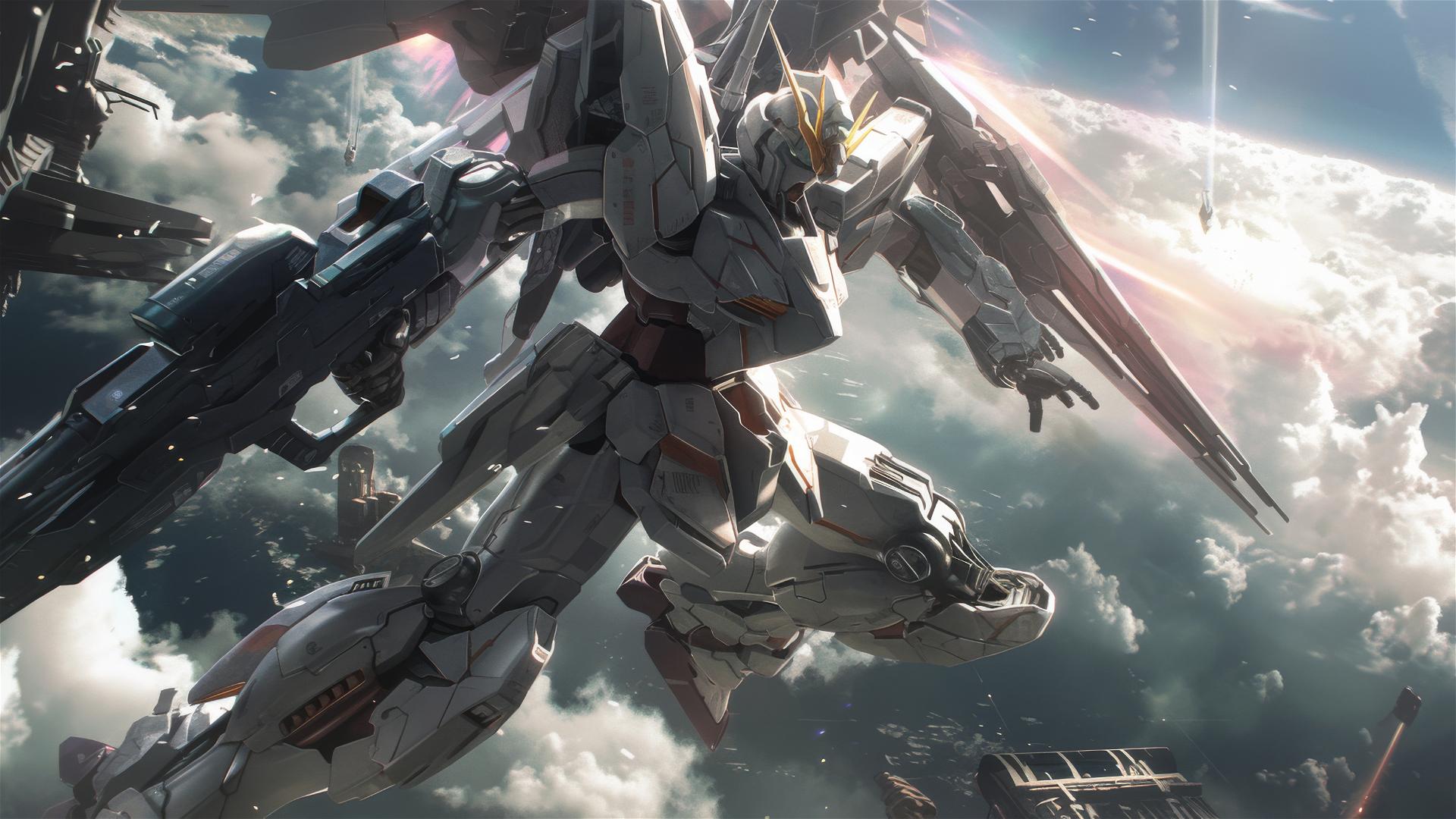 Gundam suit flying cinematically in Roger Deakins style
