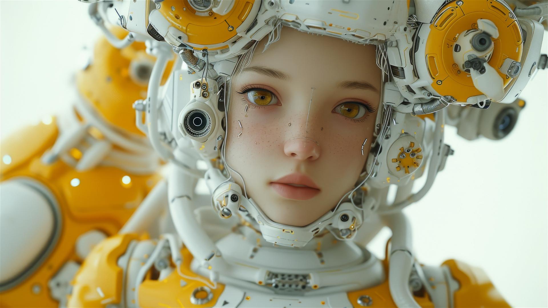 White and yellow robot woman with intricate mechanics in a yellow building