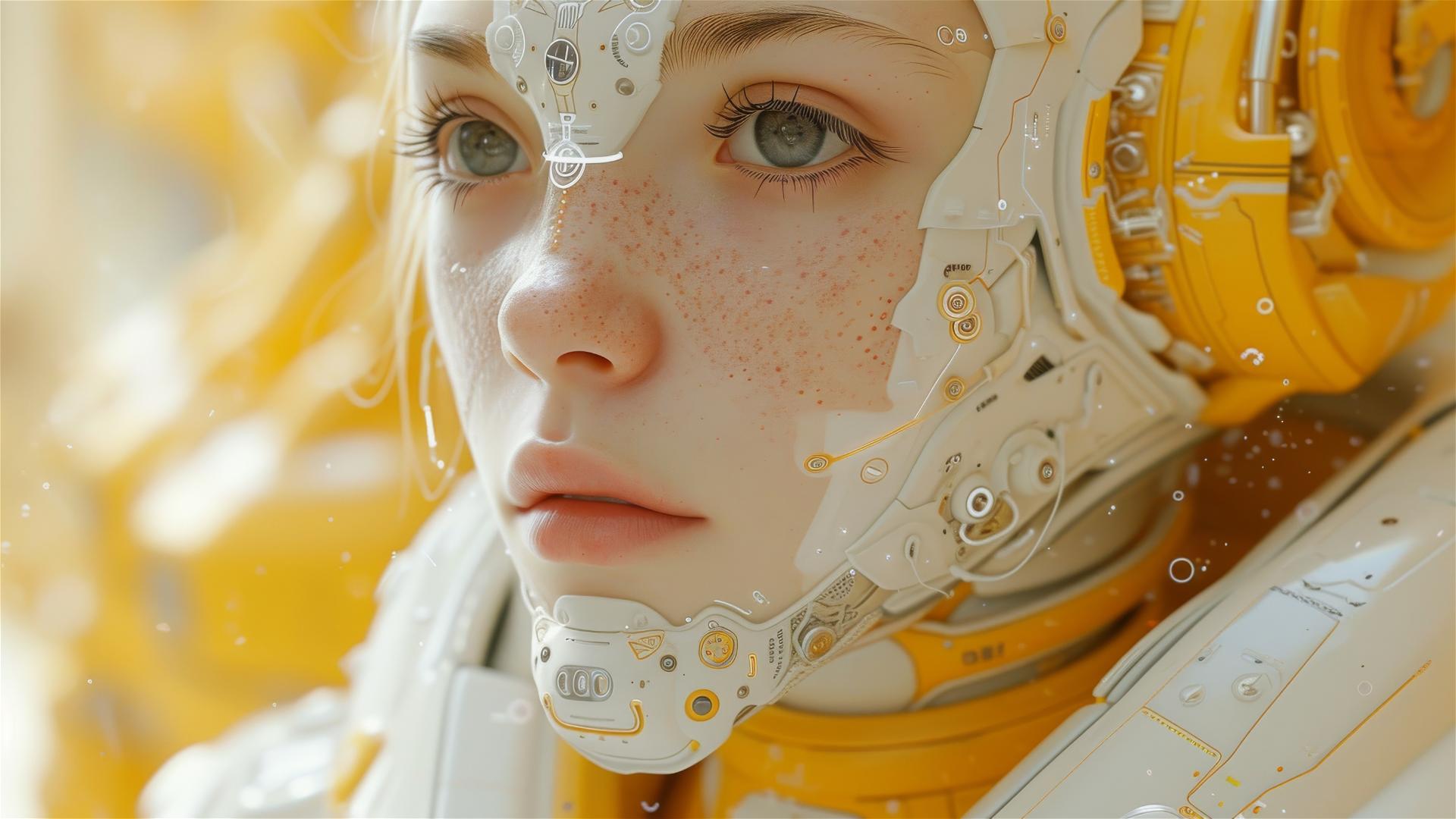Robot woman with white and yellow hair in yellow building connected to computer cloud