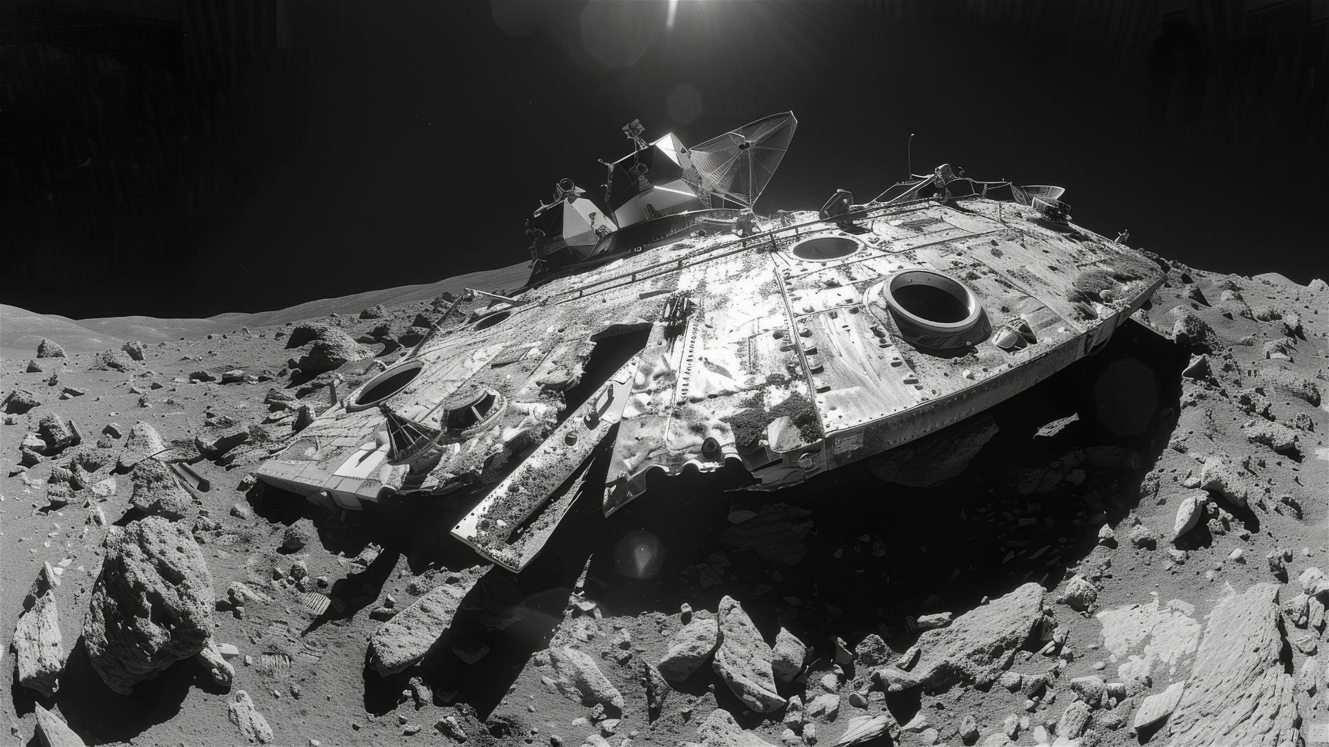 Ancient alien machinery with astronauts on the dark moon in high-contrast black and white