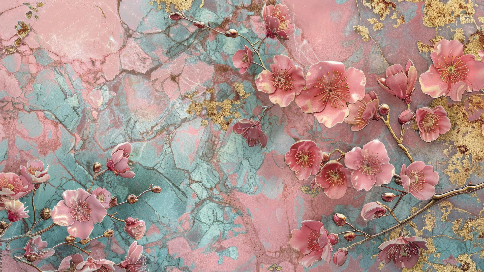 Pink Chiyogami with forget-me-nots and gold inlay on a marble abstract background