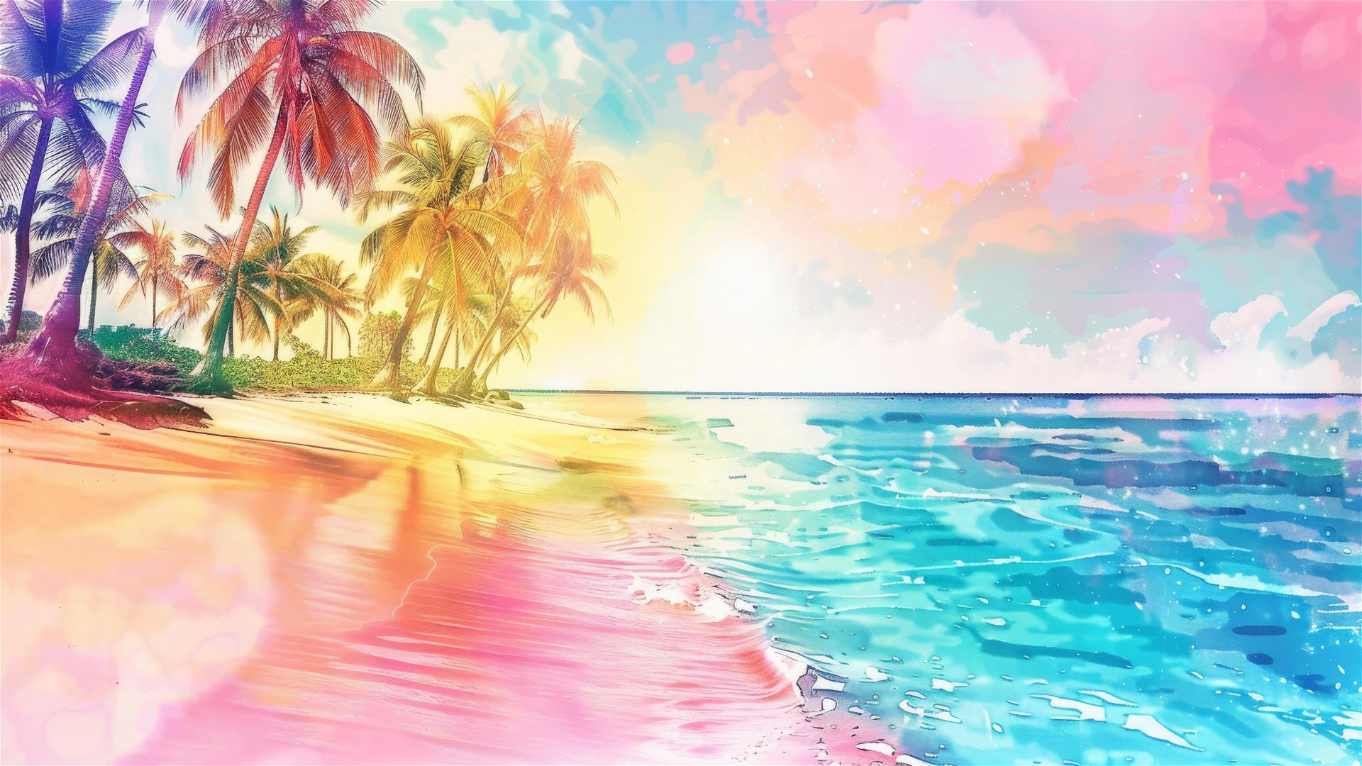 Tropical beach with rainbow scenery, palm trees, pink and blue sunset sky