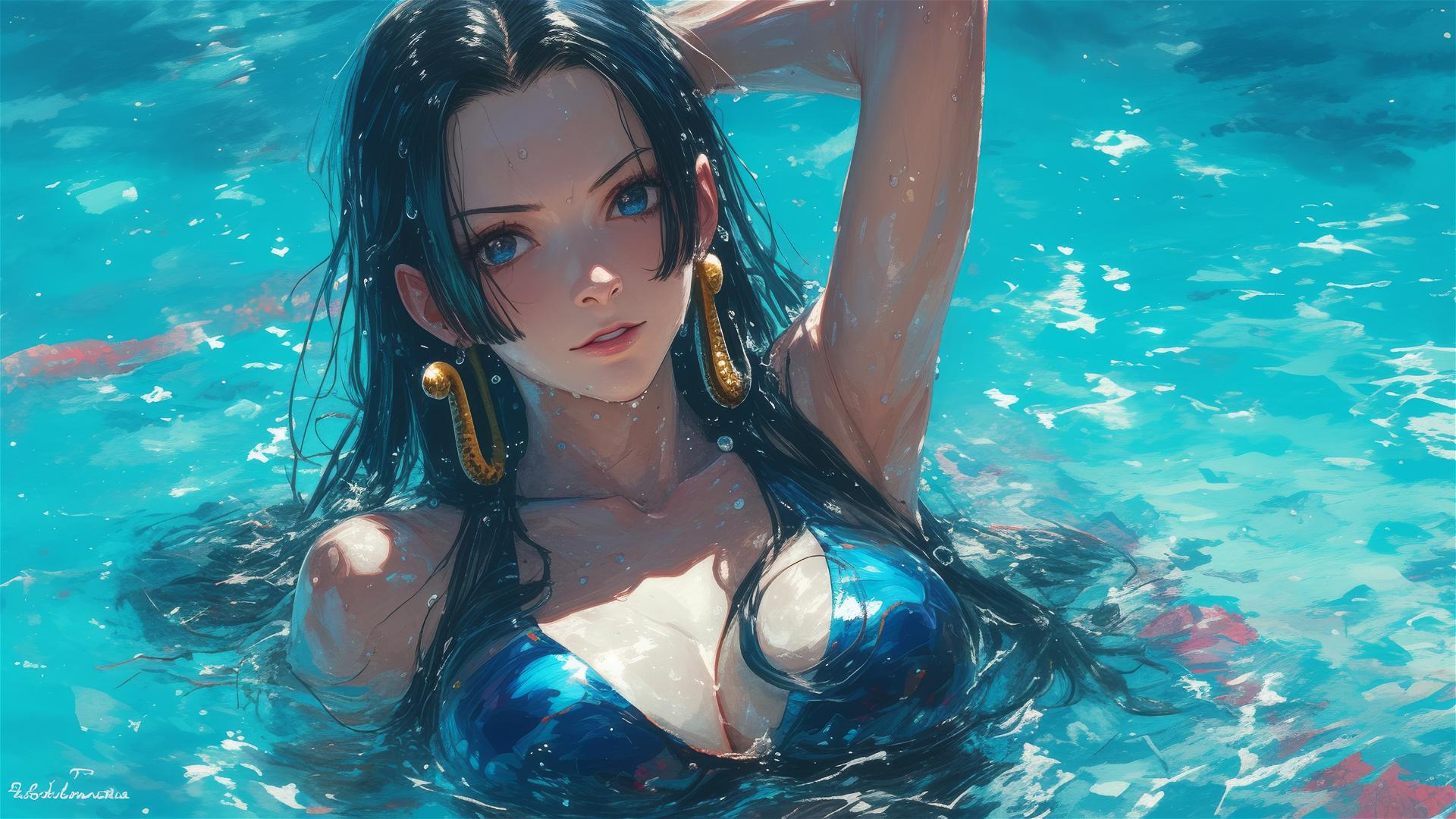Boa Hancock from One Piece swimming in a pool under moonlight