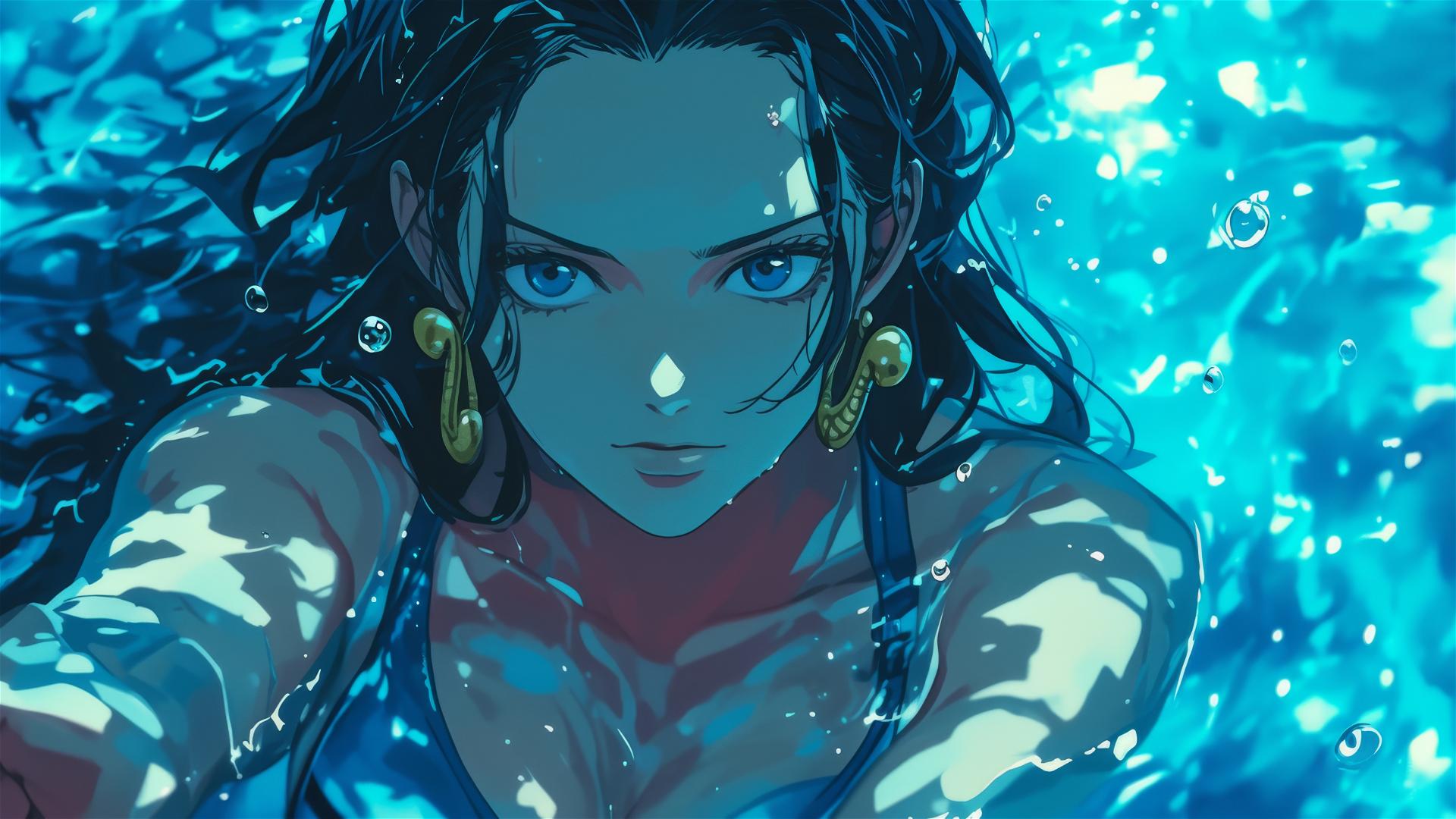 Boa Hancock from One Piece swimming under moonlight