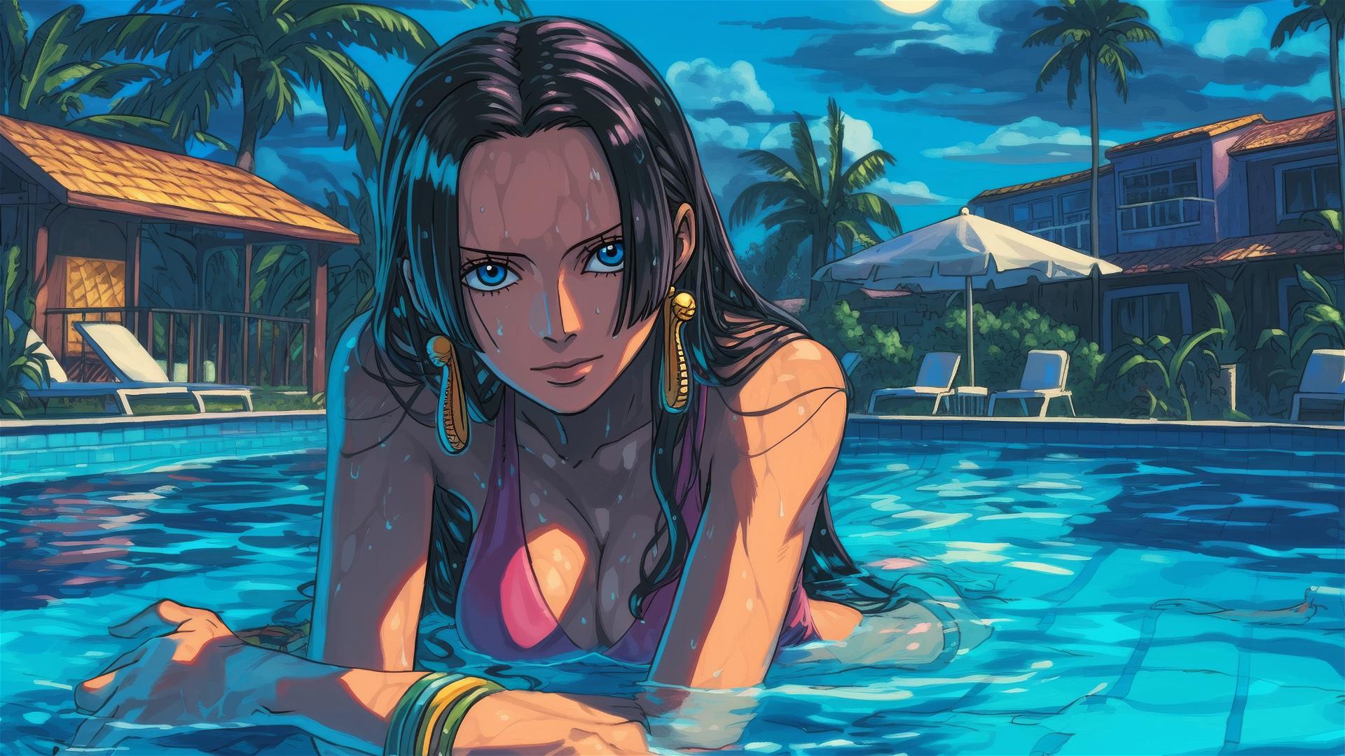 Boa Hancock from One Piece in a pool under moonlight