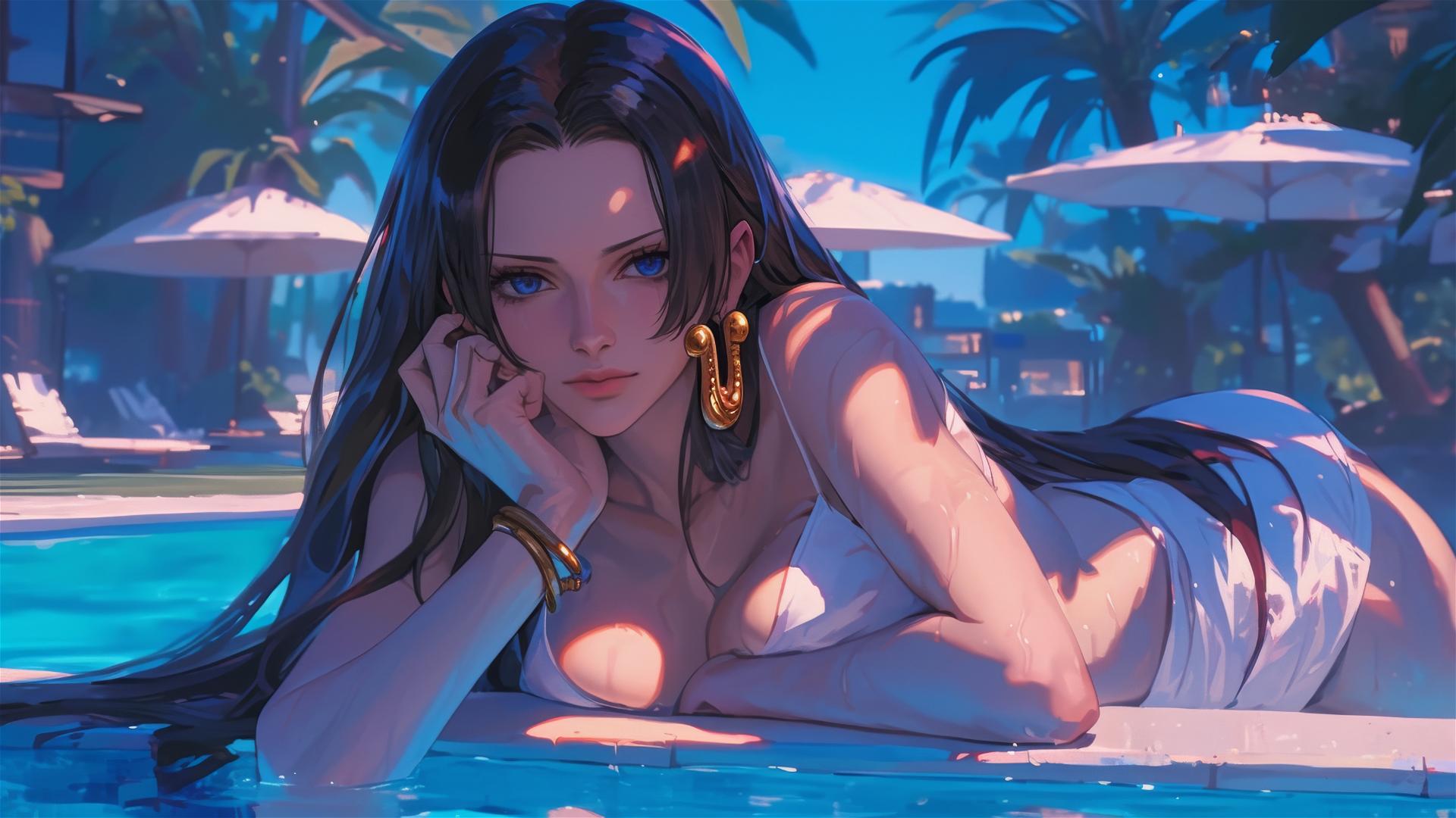 Boa Hancock from One Piece resting by pool under moonlight