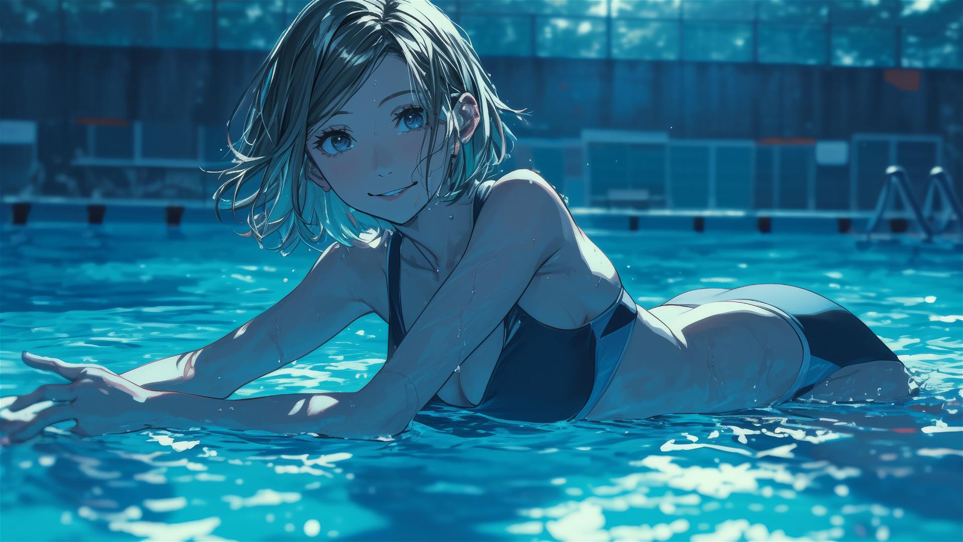 Nobara Kugisaki from Jujutsu Kaisen swimming in moonlit pool