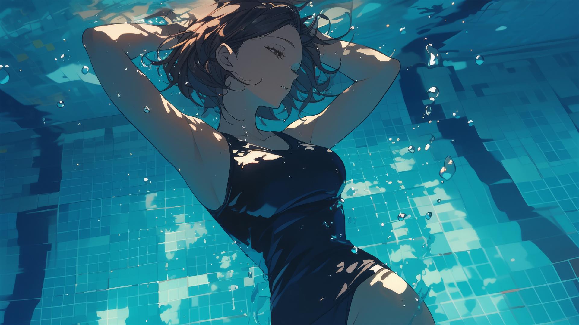 Nobara Kugisaki from Jujutsu Kaisen in swimming pool under moonlight