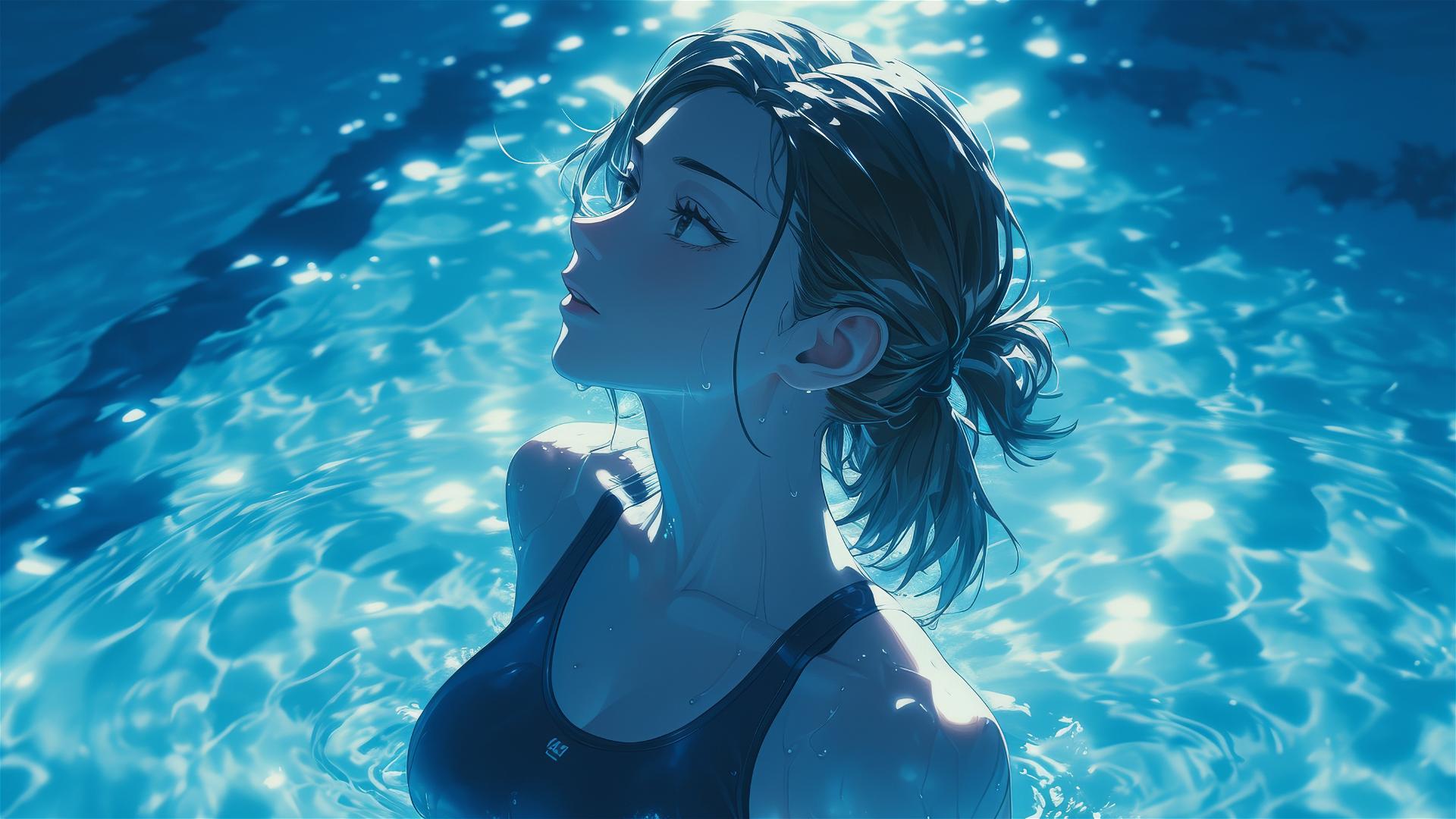 Nobara Kugisaki from Jujutsu Kaisen in pool under moonlight