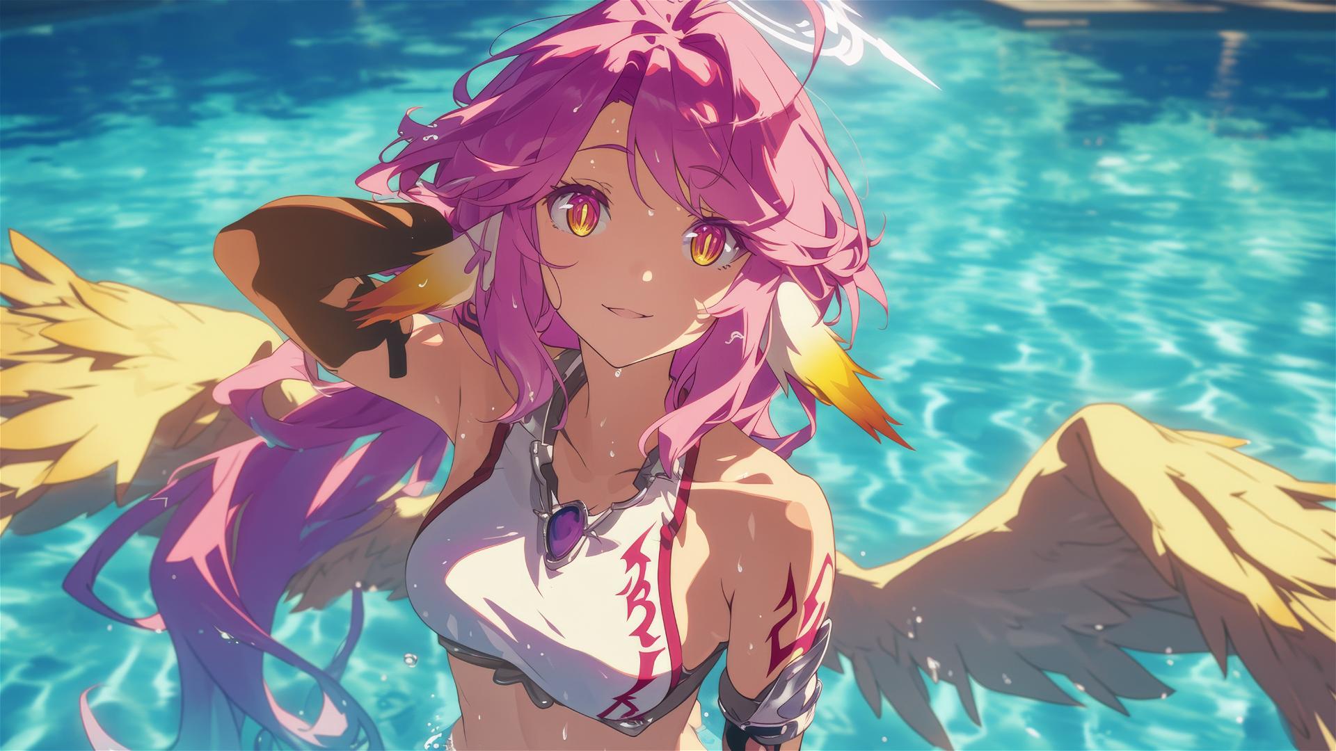 Jibril from No Game No Life swimming under moonlight