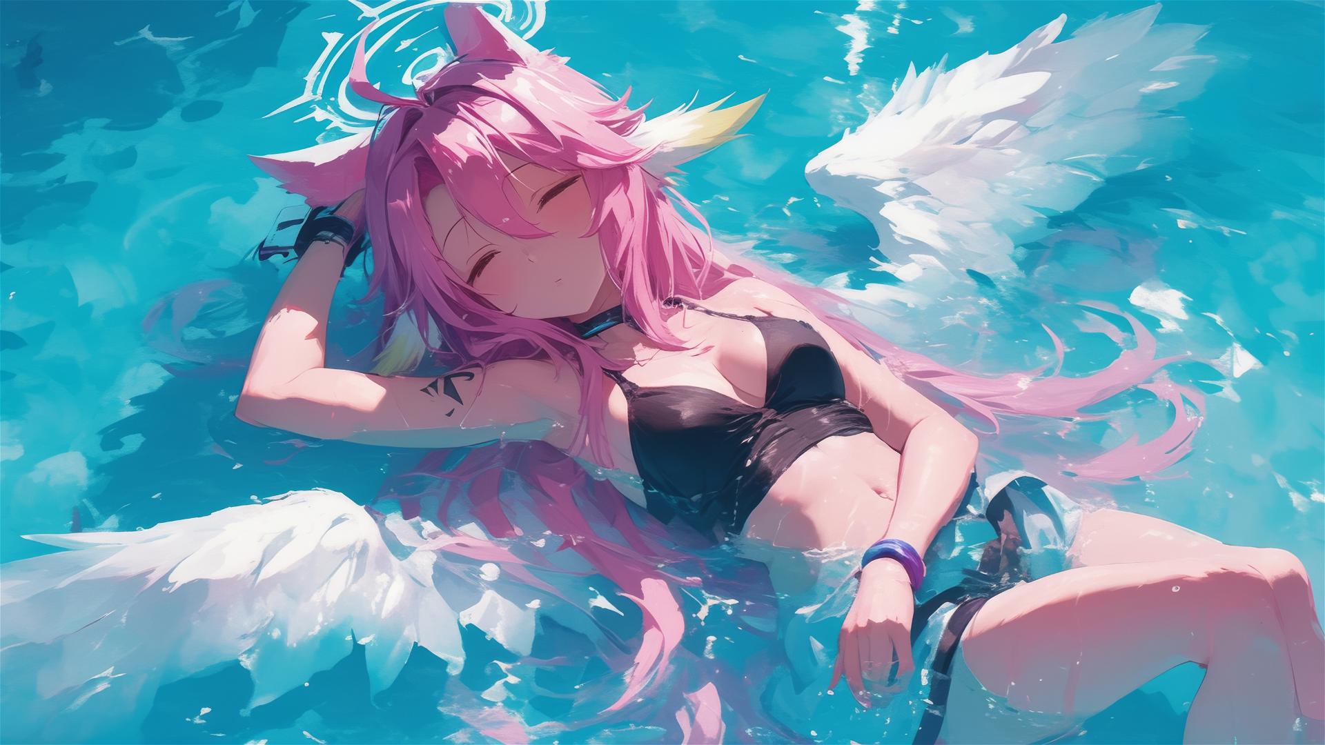 Jibril from No Game No Life swimming in moonlit pool