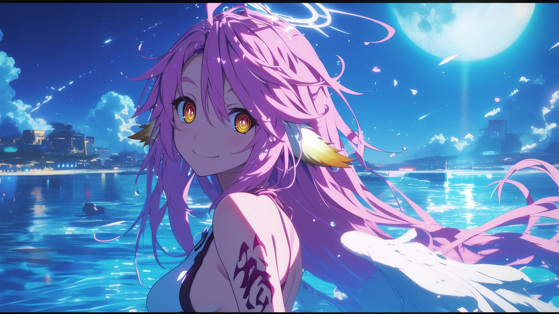 Jibril from No Game No Life swimming in moonlit pool