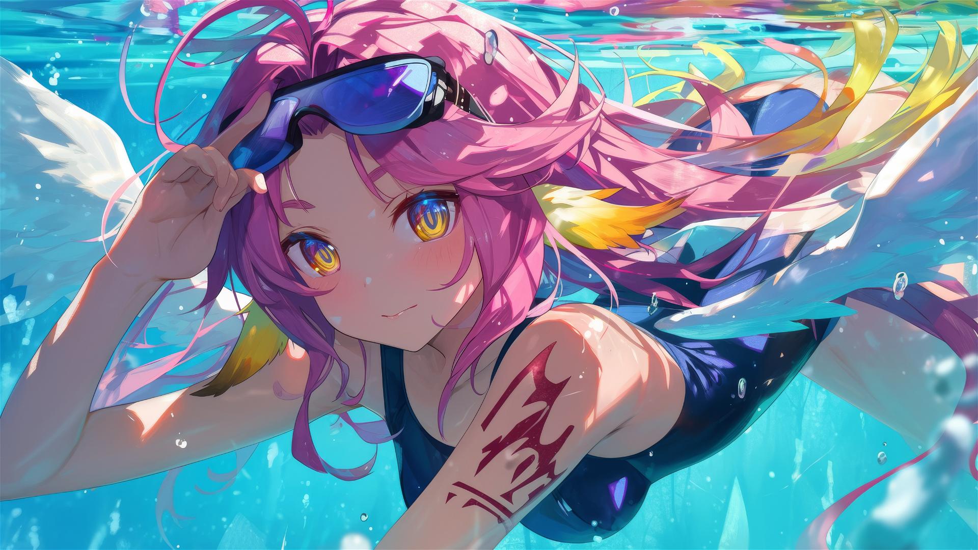 Jibril from No Game No Life swimming in moonlit pool