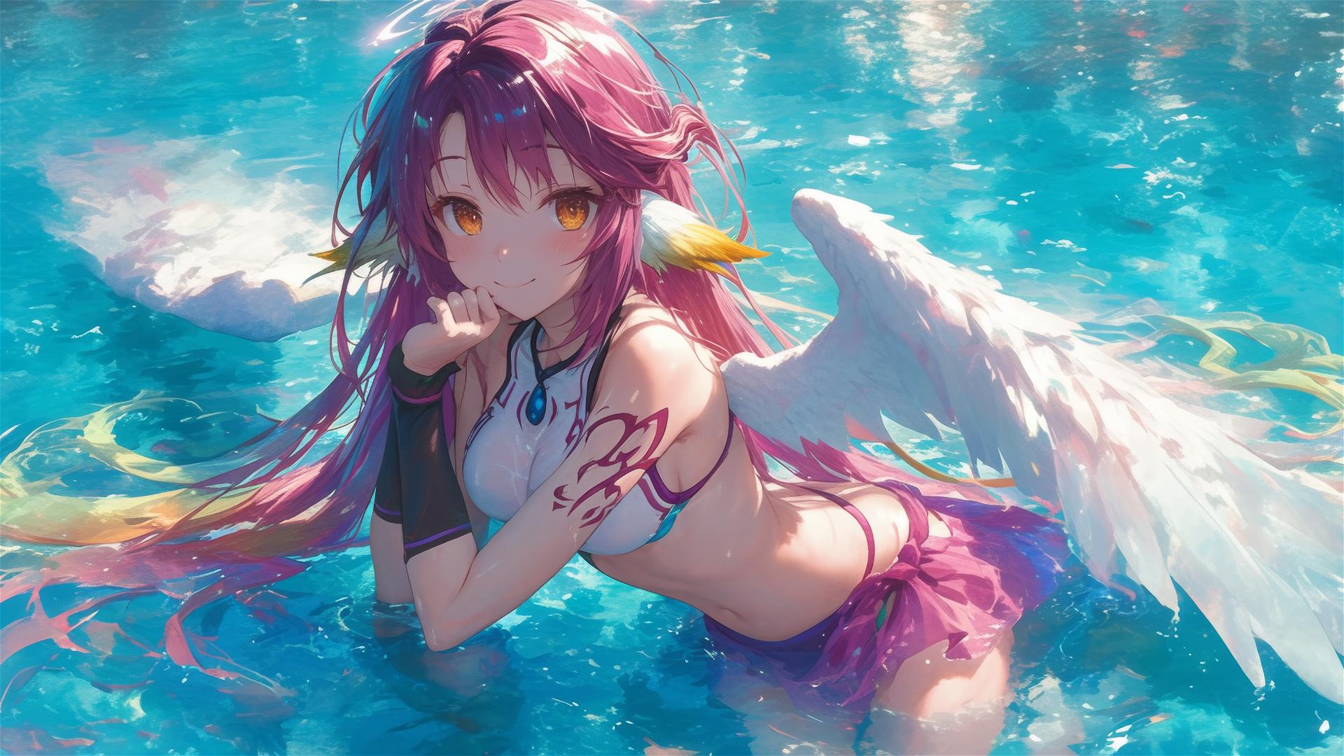 Jibril from No Game No Life swimming under moonlight