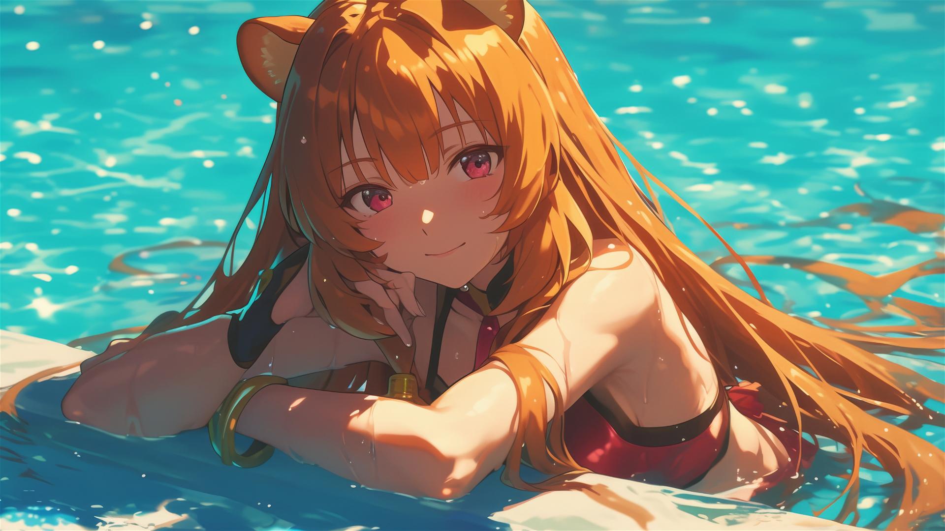 Raphtalia swimming under moonlight in a pool