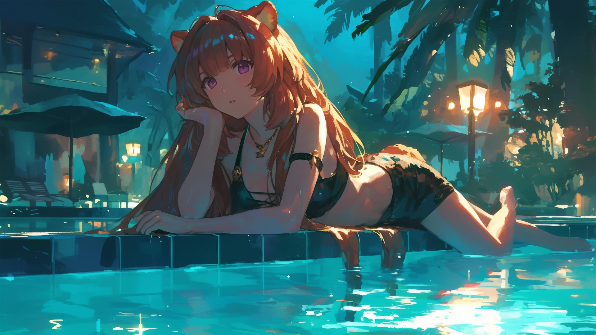 Raphtalia by the pool under moonlight in The Rising of the Shield Hero