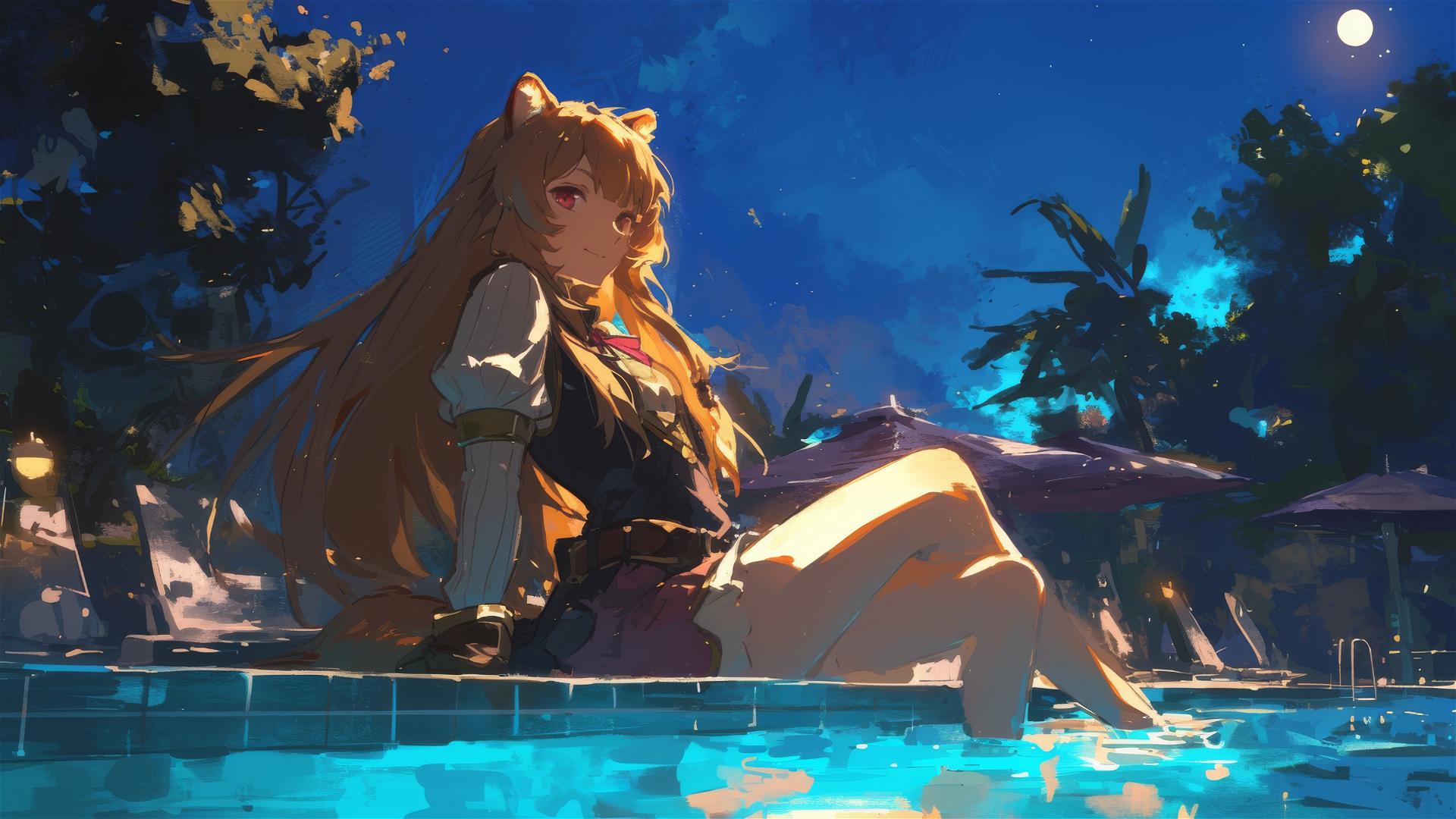 Raphtalia relaxing by the pool under moonlight
