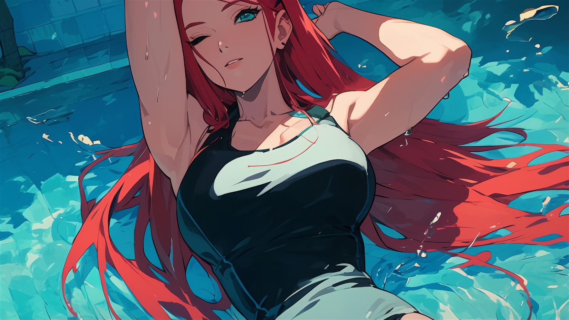 Kushina Uzumaki swimming in moonlit pool