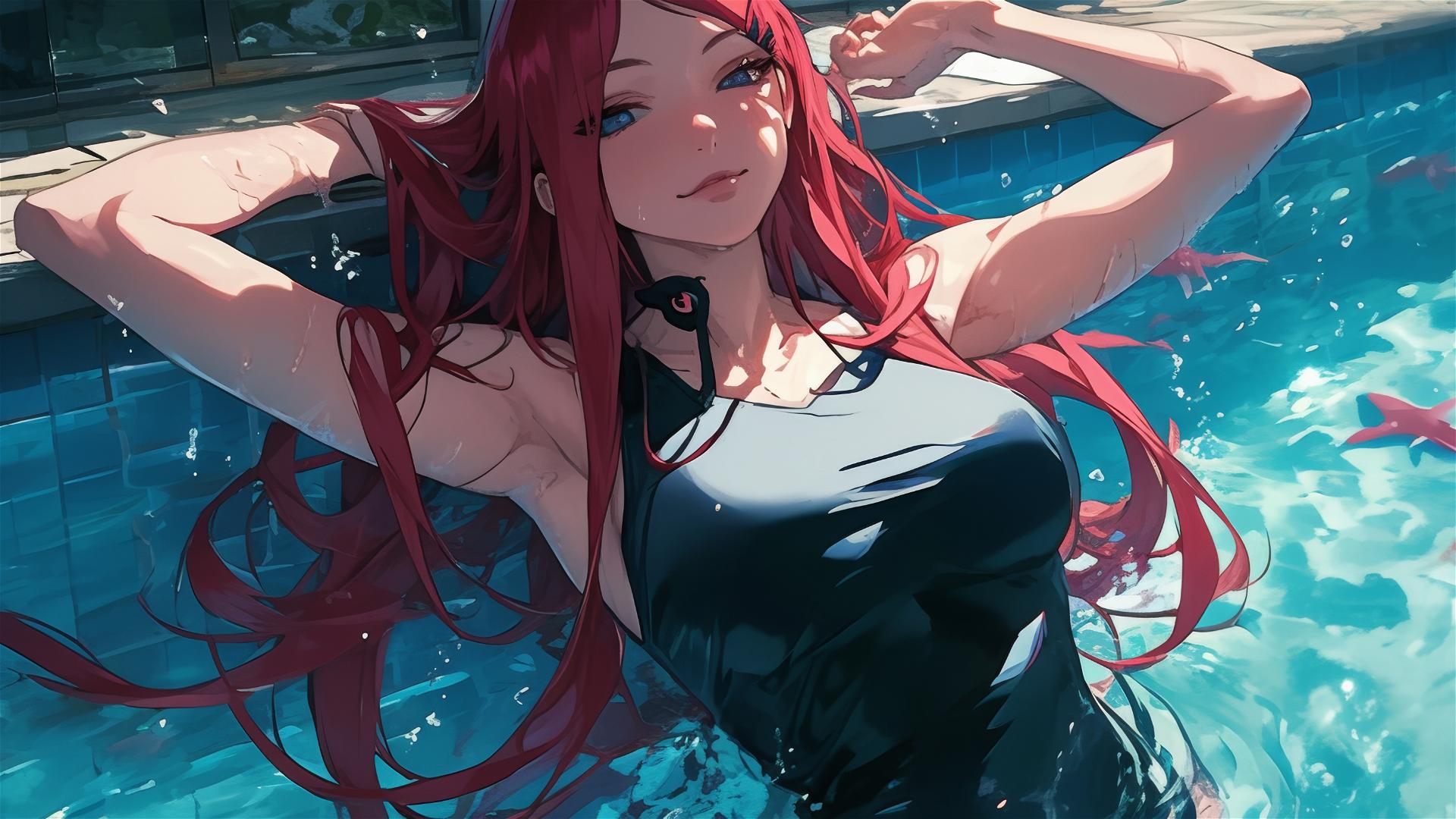 Kushina Uzumaki swimming under moonlight