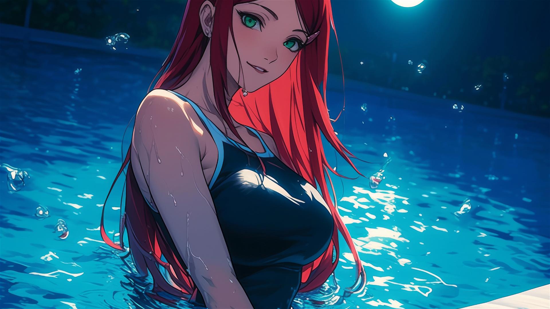 Kushina Uzumaki from Naruto Shippuden standing in a pool under moonlight