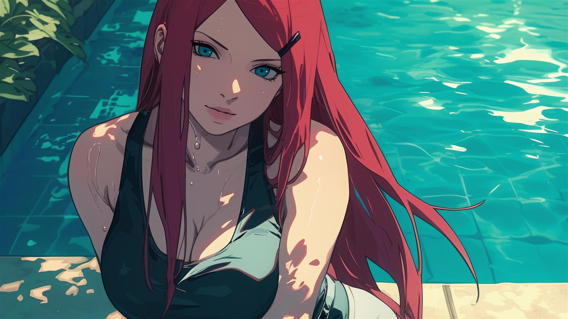 Kushina Uzumaki from Naruto Shippuden resting by the pool under moonlight