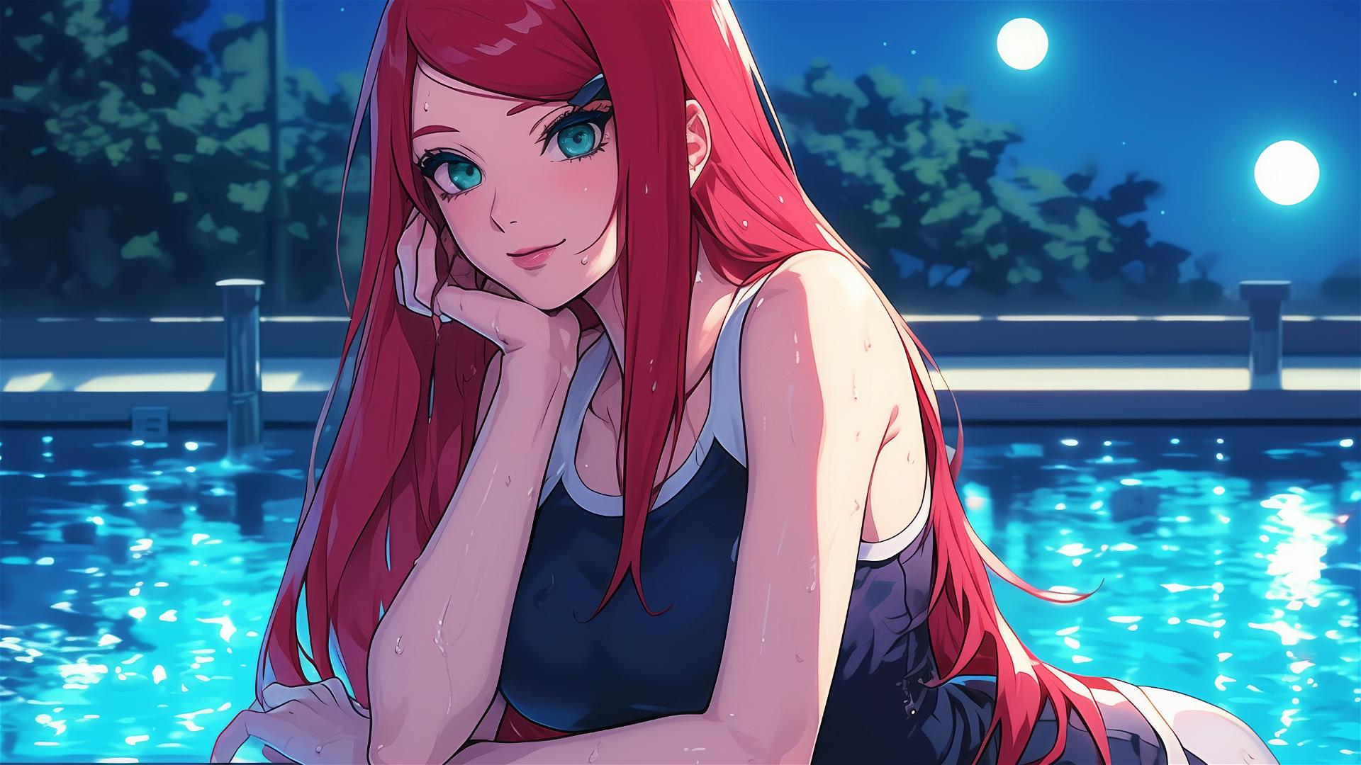 Kushina Uzumaki from Naruto Shippuden resting by a pool under moonlight