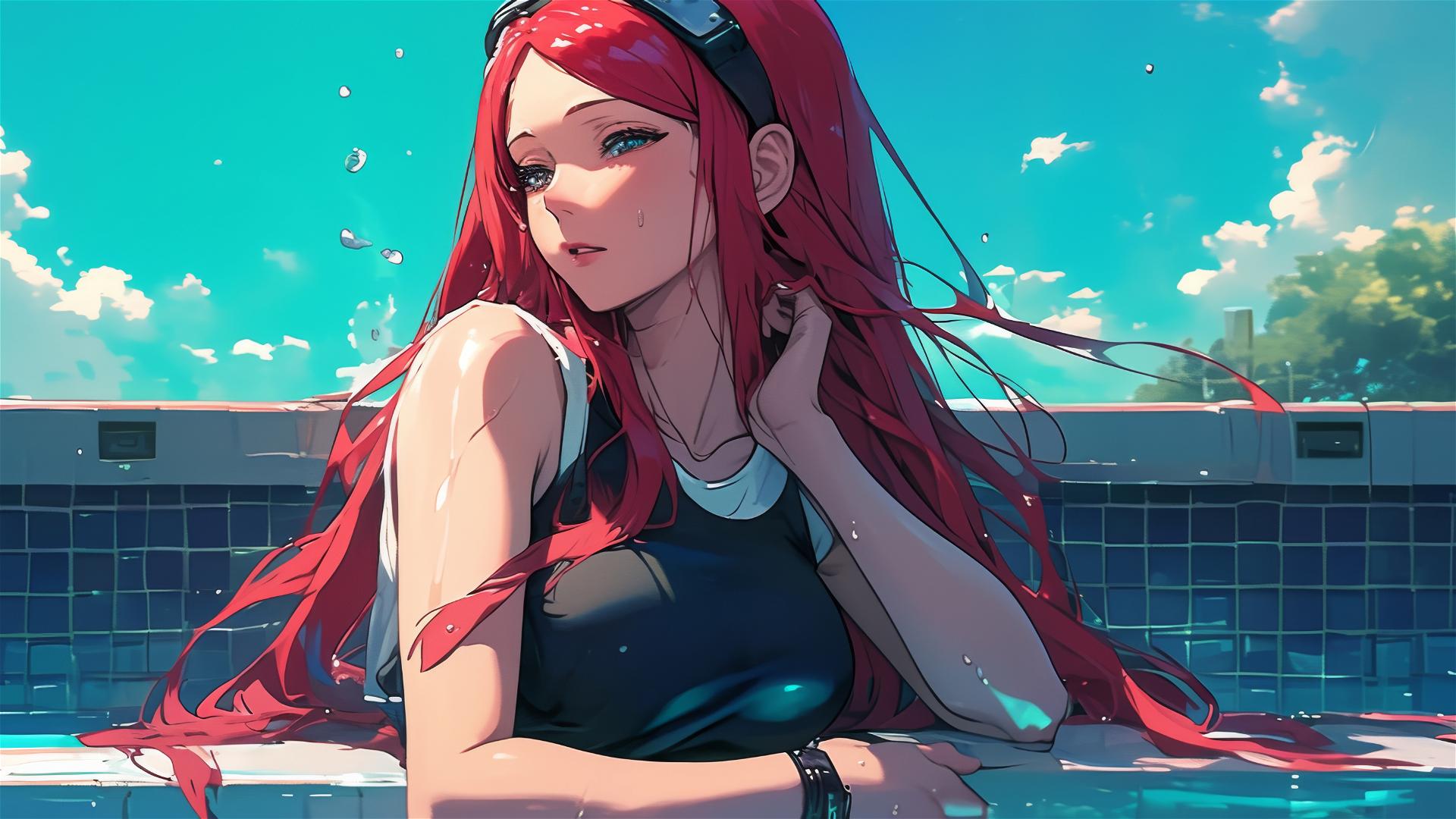 Kushina Uzumaki resting by the pool under moonlight