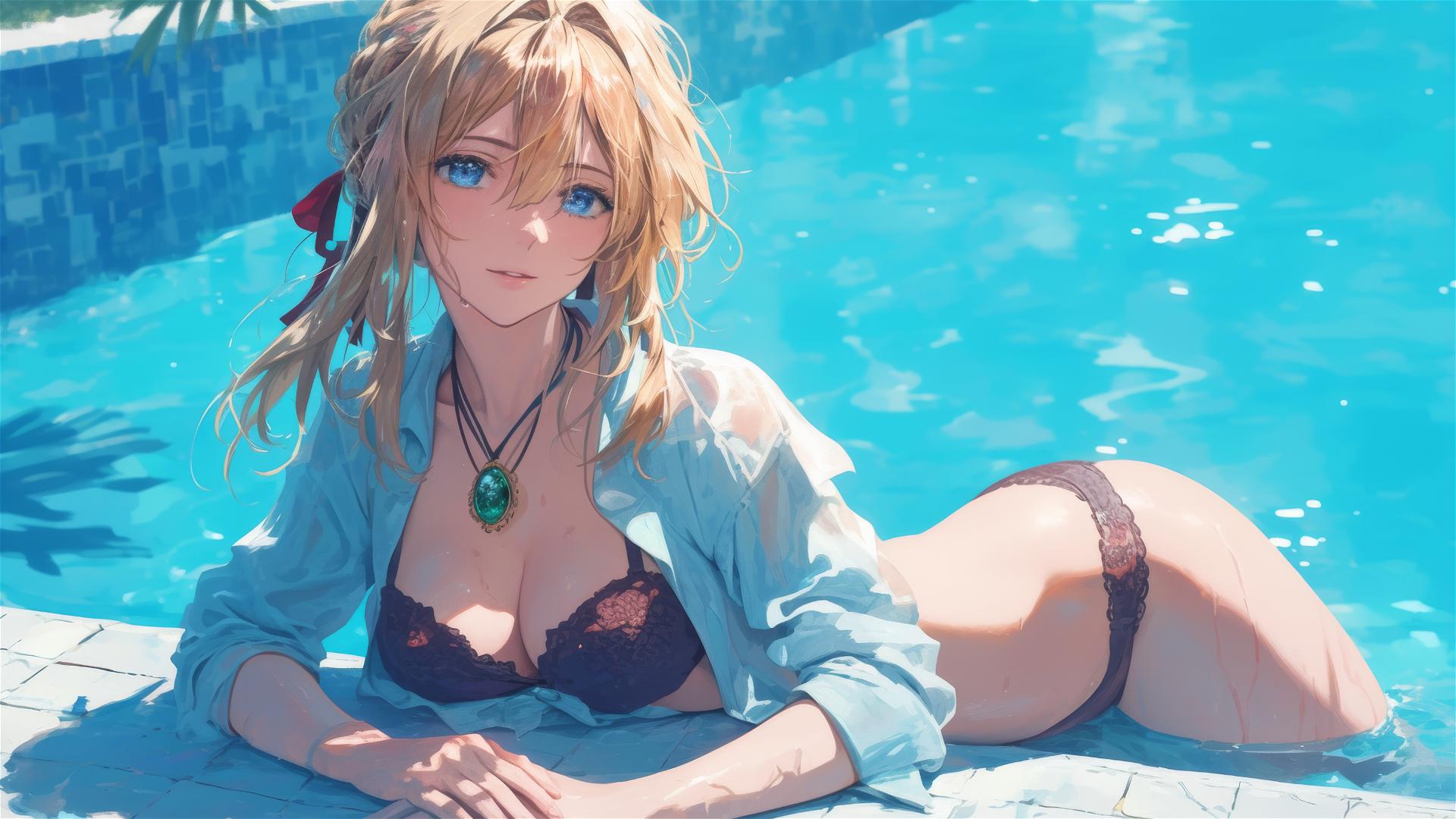 Violet Evergarden resting by the pool under moonlight