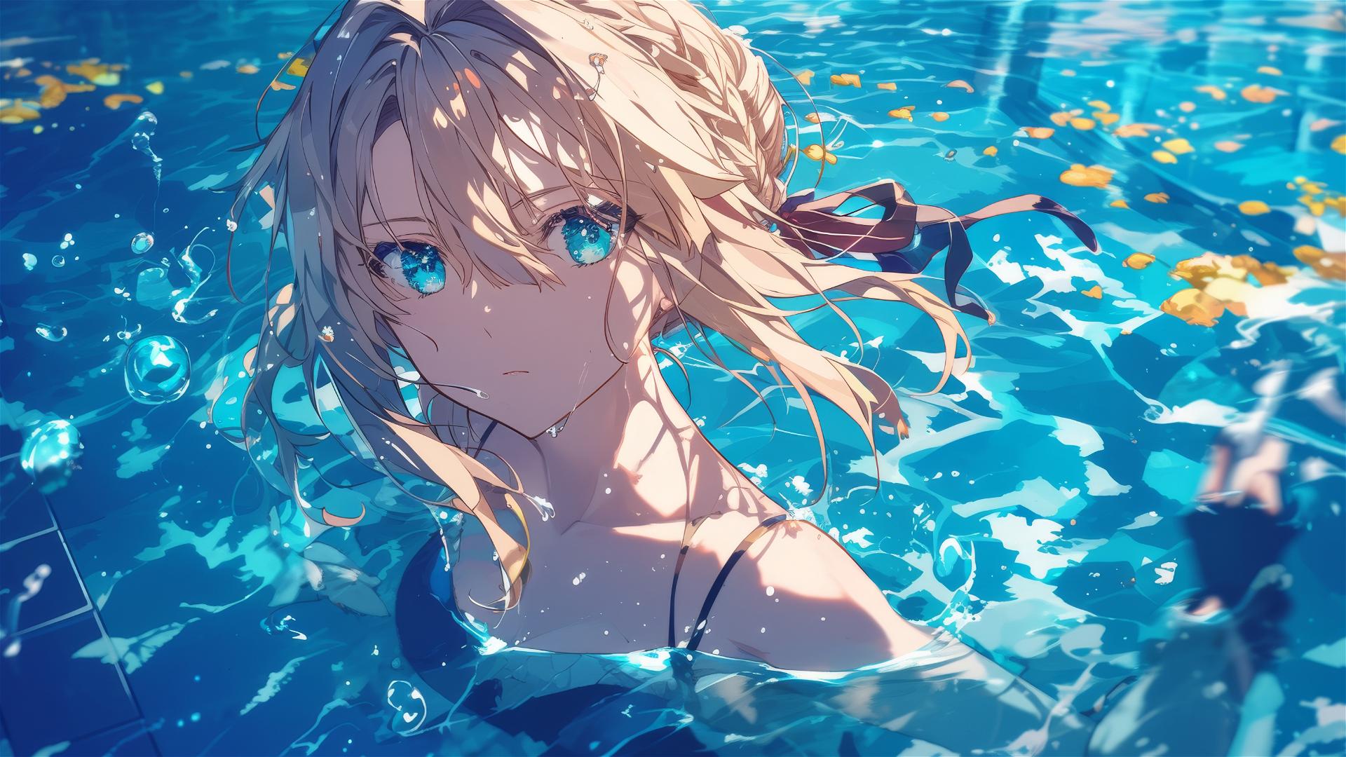 Violet Evergarden swimming under moonlight